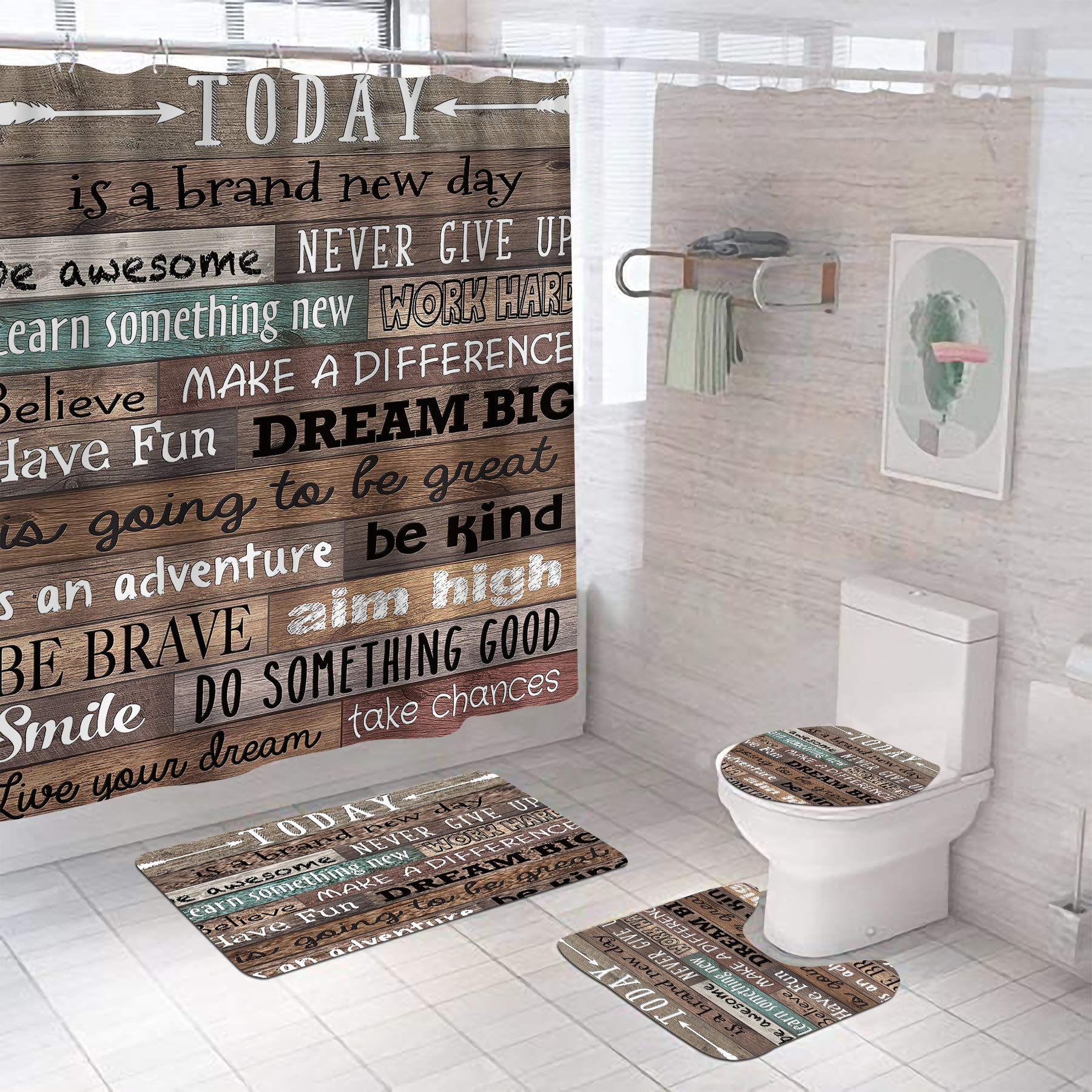 4-Piece Motivational Quote Bathroom Set - Shower Curtain, Bath Mat, Toilet Cover & 12 Hooks | Waterproof Bathroom Decor for Home & Apartment | Perfect for Modern Bathrooms & Guest Baths
