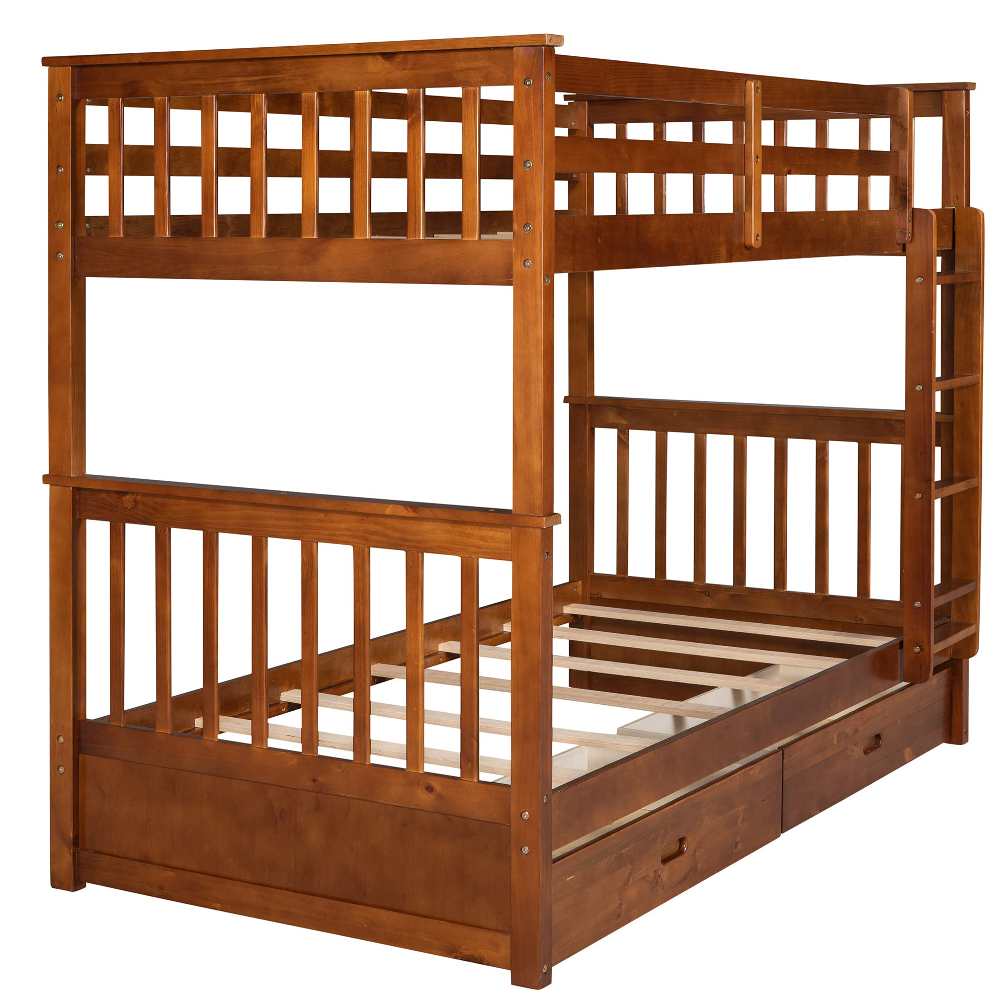 P PURLOVE Twin Over Twin Bunk Bed with 2 Drawers & Ladder - Convertible to 2 Separate Twin Beds - Solid Wood Frame with Slat Support - No Box Spring Needed - Walnut Finish - Perfect for Kids' Rooms, Guest Rooms & Space-Saving Bedroom Solutions