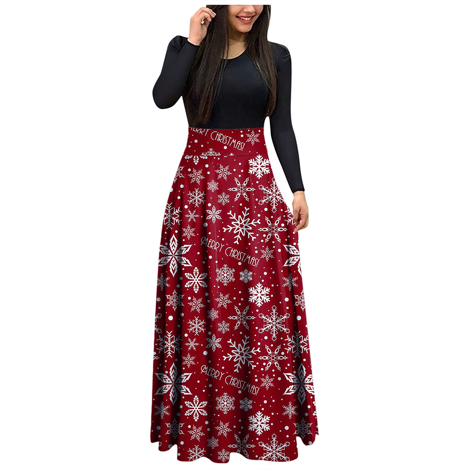 Festive Christmas Dresses for Women - Long Sleeve Plaid Maxi Dress with Empire Waist & Ugly Snowman Print | Holiday Party, Cocktail Attire, Winter Gatherings & Ugly Sweater Events