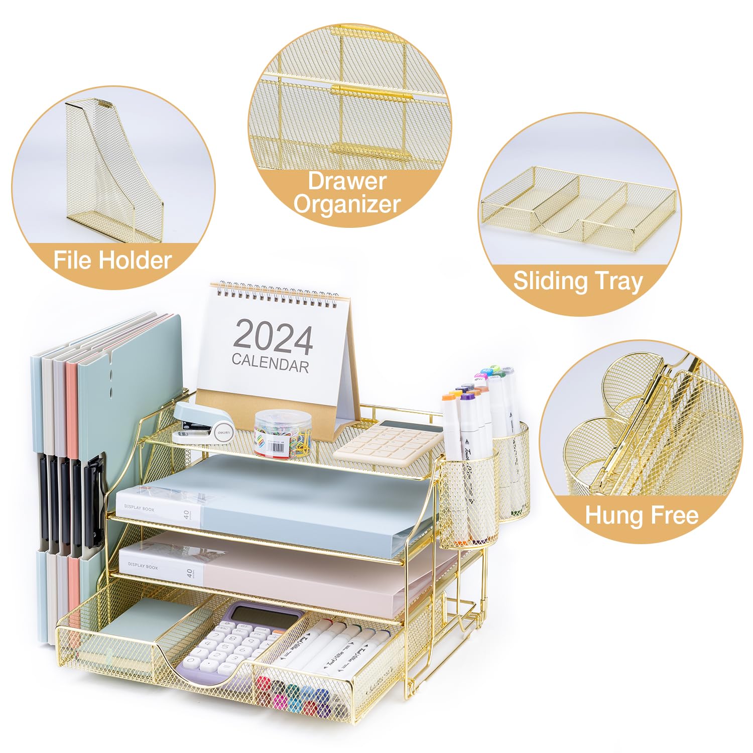 4-Tier Mesh Desk Organizer with File Holder, Drawer & 2 Pen Cups - Gold Office Storage Solution for Paper, Documents & Supplies | Perfect for Home Office, Workstation & School Desk Organization