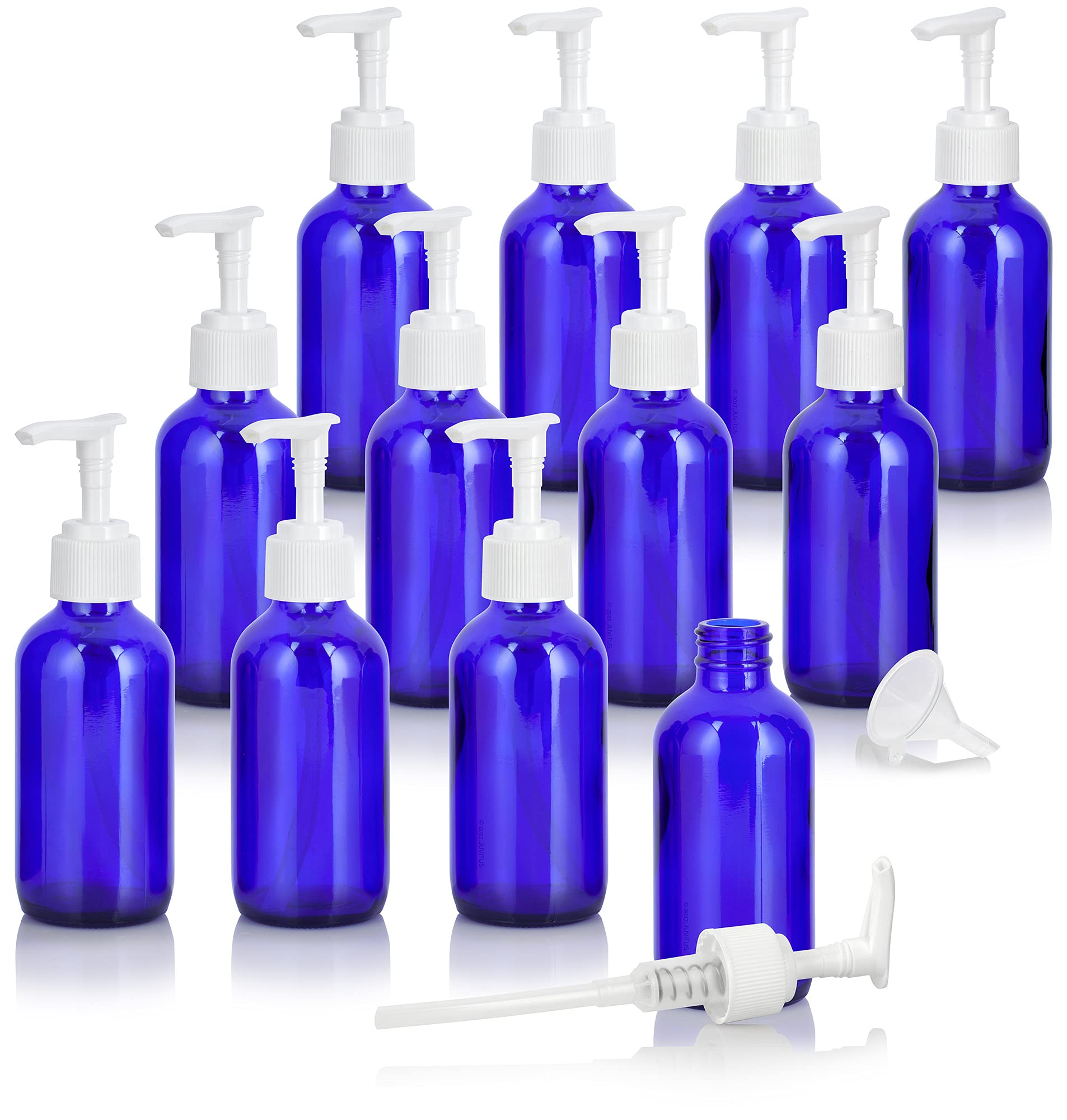 4 oz Cobalt Blue Glass Boston Round Bottles with White Lotion Pump (12 Pack) - Essential Oil, DIY Skincare & Cosmetic Storage - Perfect for Hand Sanitizer, Lotion Dispensers & Travel Toiletries