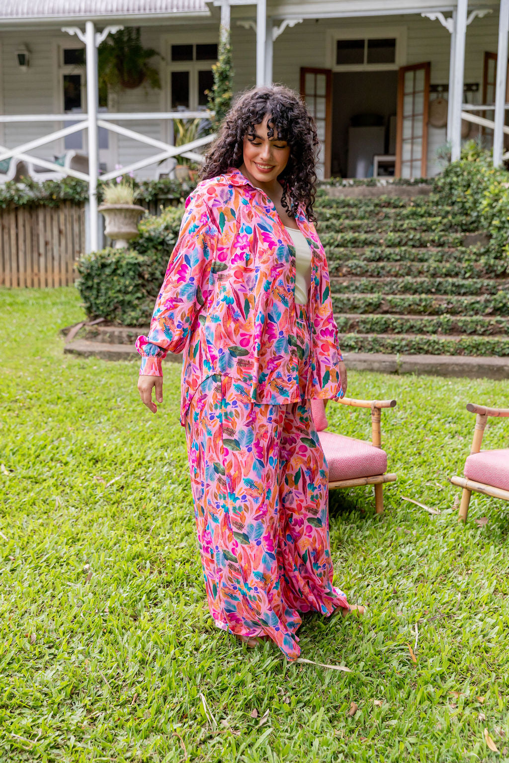 Kasey Rainbow Lana Shirt - Floral Print Women's Blouse | Perfect for Spring Outfits & Backyard Gatherings