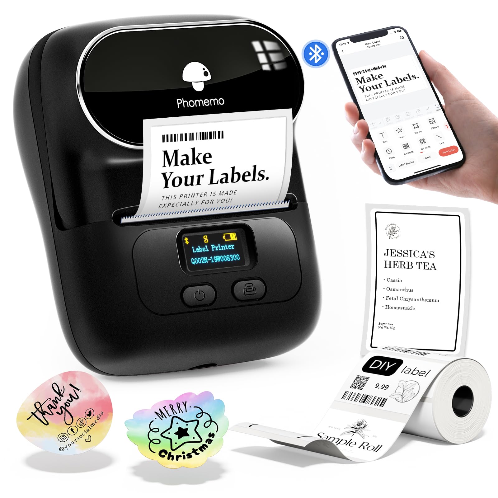Phomemo M110 Bluetooth Thermal Label Printer - No Ink Portable Barcode Sticker Maker for Small Business, Shipping, Address & Office Use - Compatible with PC, Mac (USB) & Phone - Includes 100 Labels (Ebony Black) - Perfect for E-commerce, Inventory Management & Home Organization