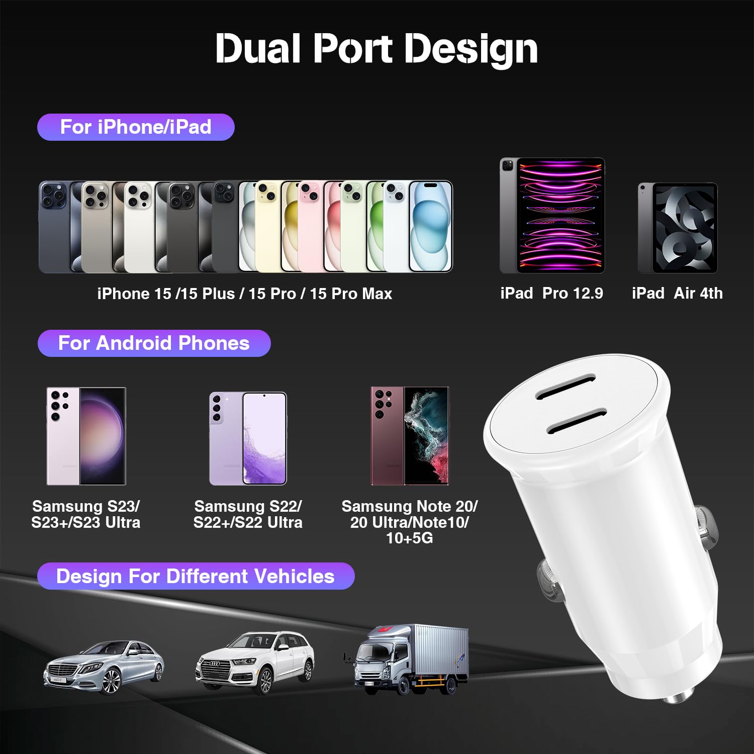 40W Fast Car Charger for iPhone 15/Pro/Pro Max - Dual USB C Port with 2-Pack 10ft Cables - Compatible with iPad Pro/Air/Mini & Android Phones - Perfect for Road Trips & Daily Commutes