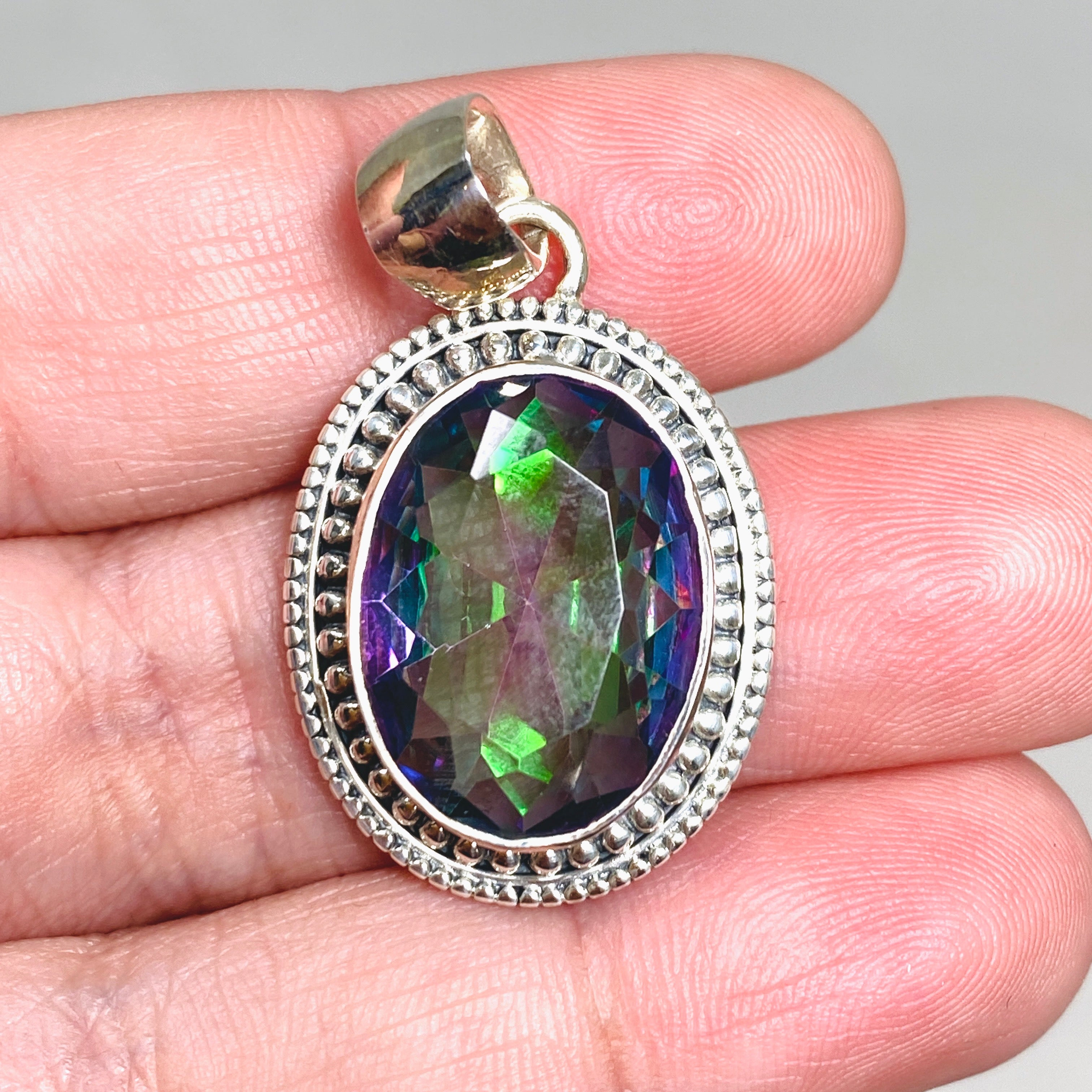 Natural Mystic Topaz Oval Faceted Boho Pendant Necklace - 925 Sterling Silver Jewelry - Perfect for Boho Chic Outfits & Special Occasions