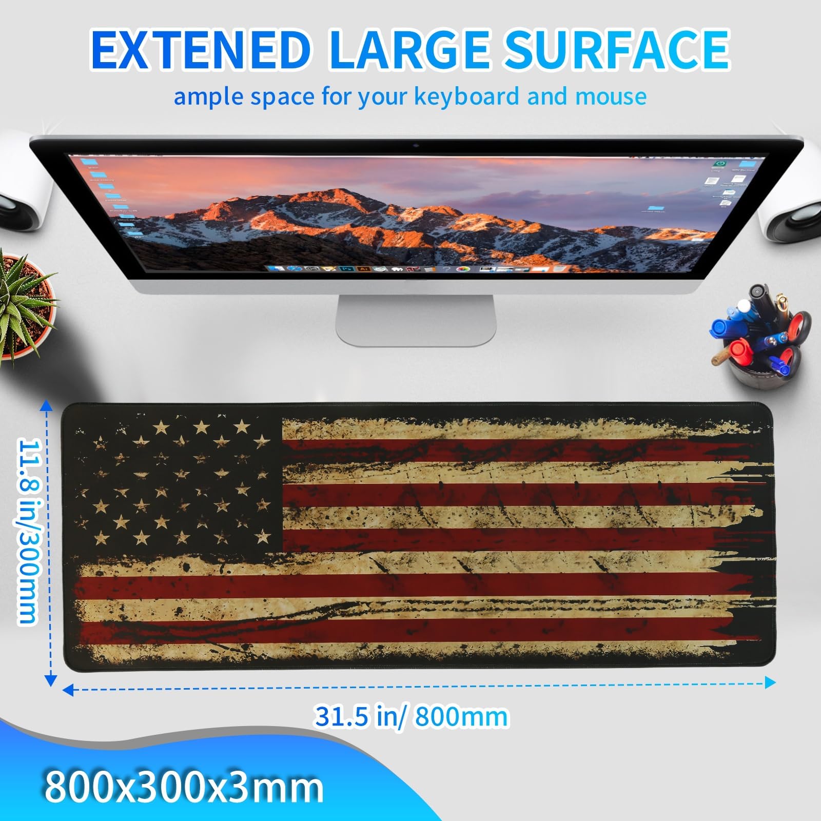 USA Flag Gaming Mouse Pad - Extra Large Non-Slip Rubber Base Desk Mat with Stitched Edges for PC & Laptop | Perfect for Gamers, Office Work & Home Use (Black, Large)