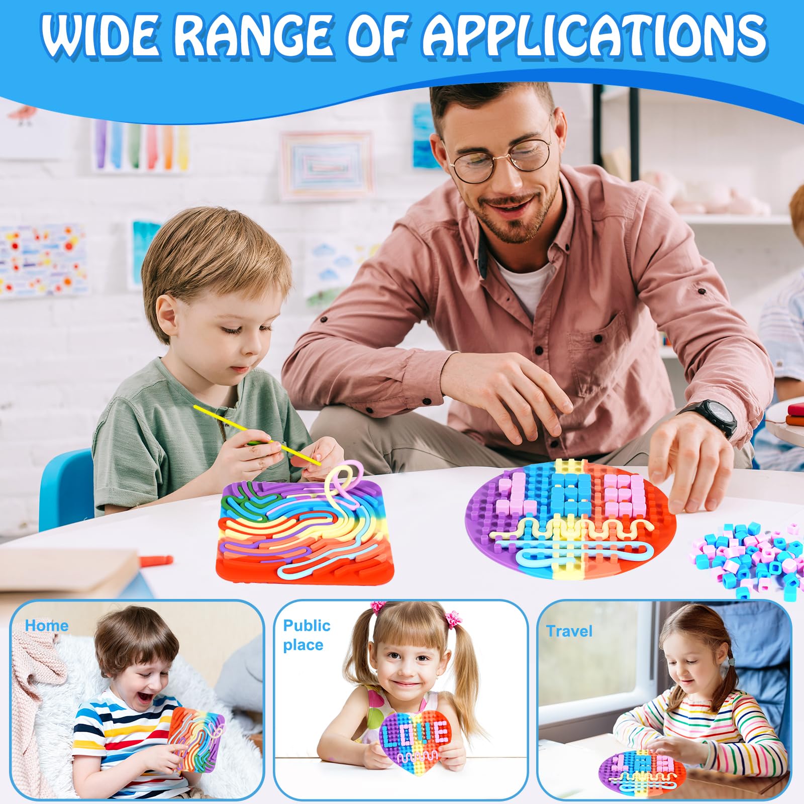 Rainbow Sensory Activity Board - Quiet Fidget Toy for Kids Ages 3+ & Adults | Stress Relief, Anxiety, ADHD & Autism Calming Tool | Mess-Free Travel Sensory Board with 12 Strings (Square Design) - Perfect for Home, Classroom & On-The-Go Relaxation