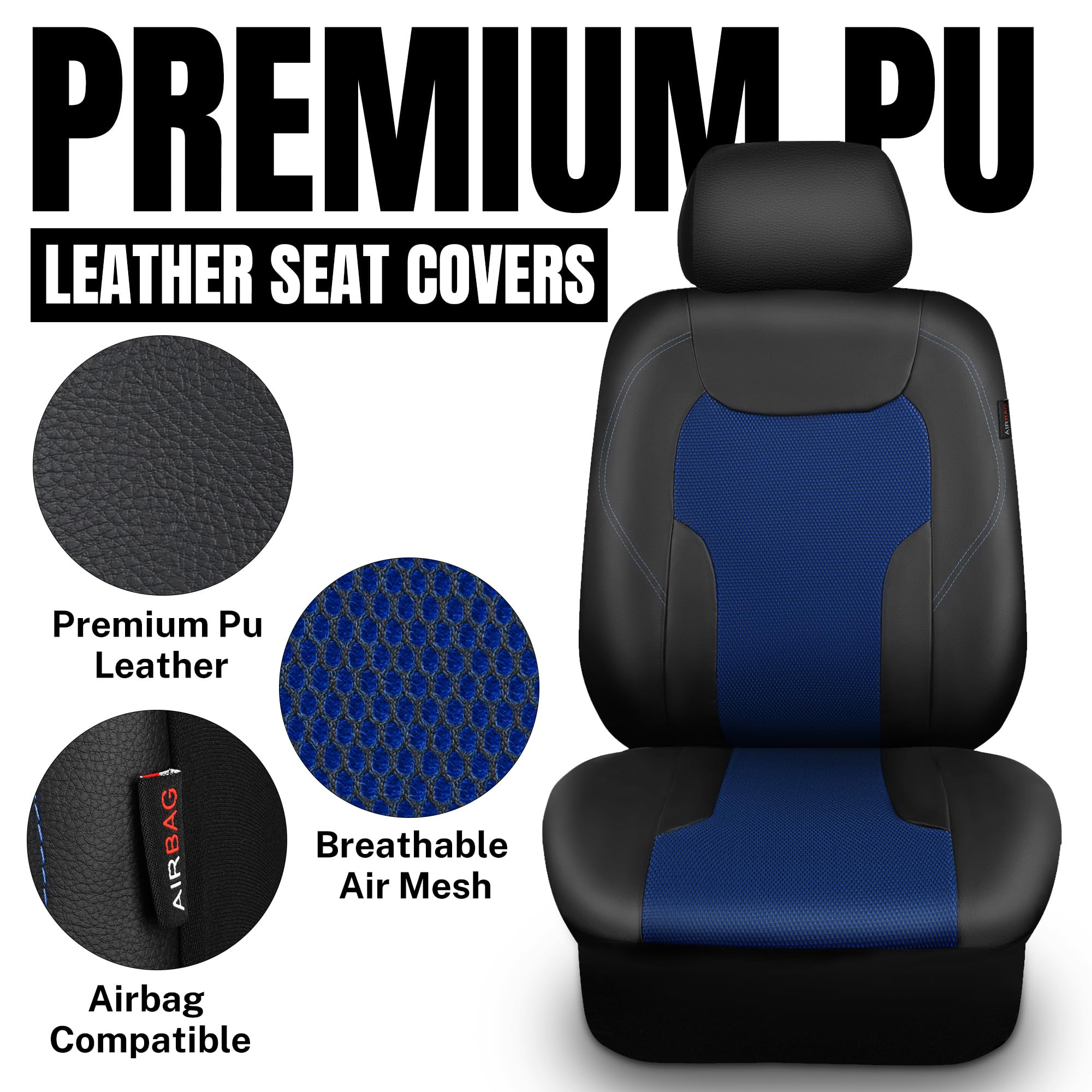 Premium Leather Car Seat Covers Full Set - Airbag Safe & Breathable Air Mesh Design - Universal Fit for Cars, Trucks, SUVs & Sedans (Black/Blue) | Ultimate Interior Protection & Comfort for Daily Commutes & Road Trips