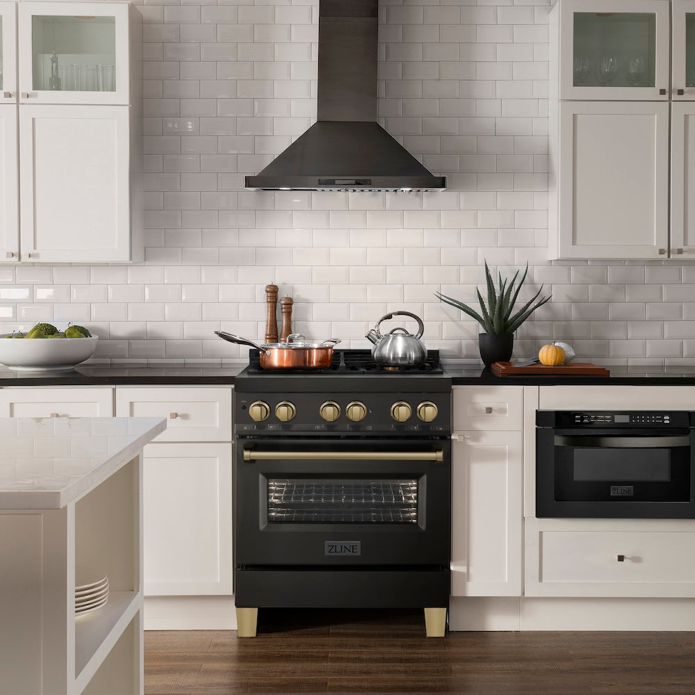ZLINE Autograph Edition 30-inch Black Stainless Steel Dual Fuel Range with Range Hood - Champagne Bronze Accents | Professional Kitchen Package (2AKP RABRH30 CB) | Perfect for Modern Home Chefs & Gourmet Cooking
