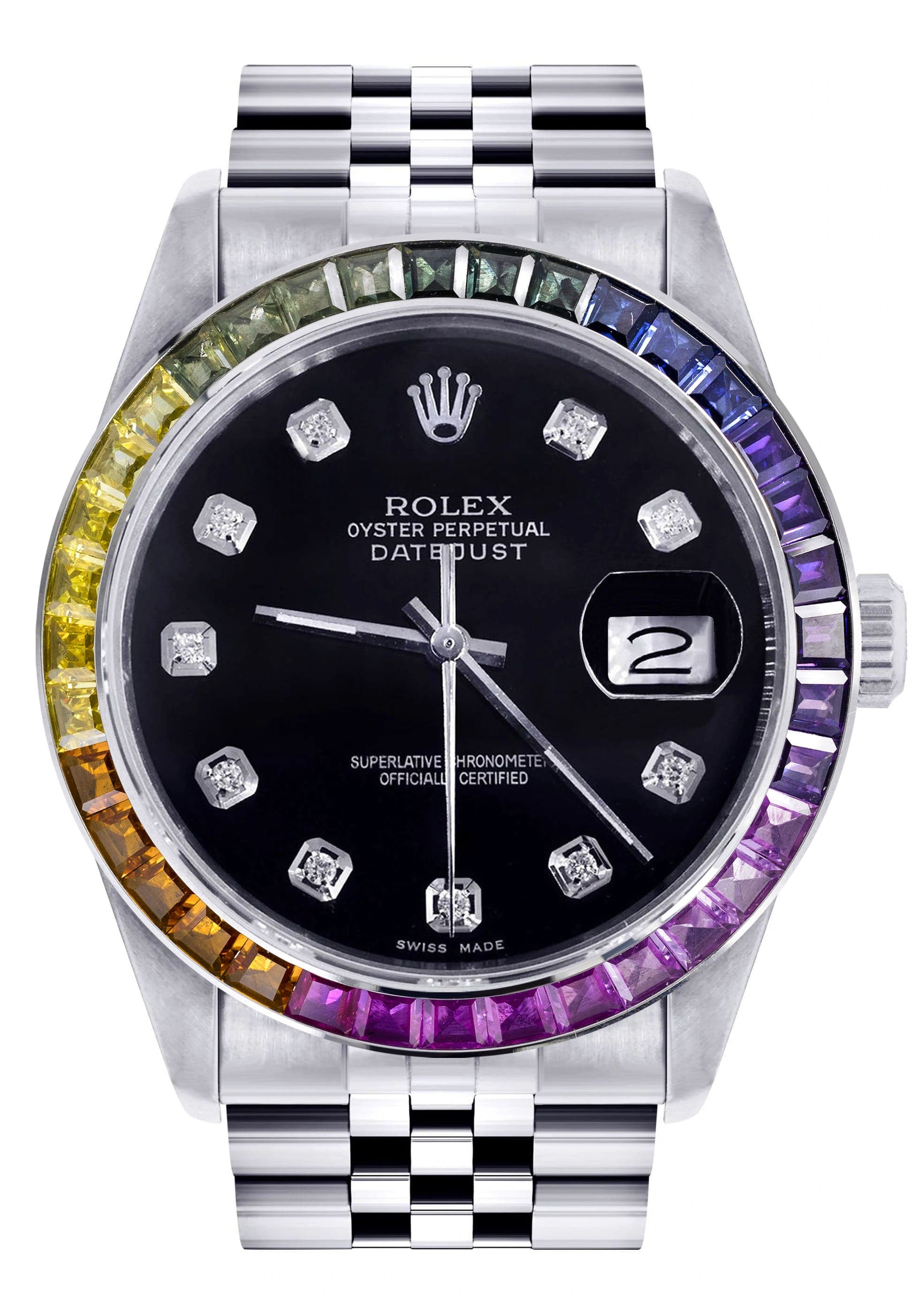 Luxury Diamond Gold Rolex Watch For Men 16200 | 36mm Stainless Steel | Rainbow Sapphire Bezel | Black Dial | Jubilee Bracelet | Perfect for Business, Gifts & Special Occasions