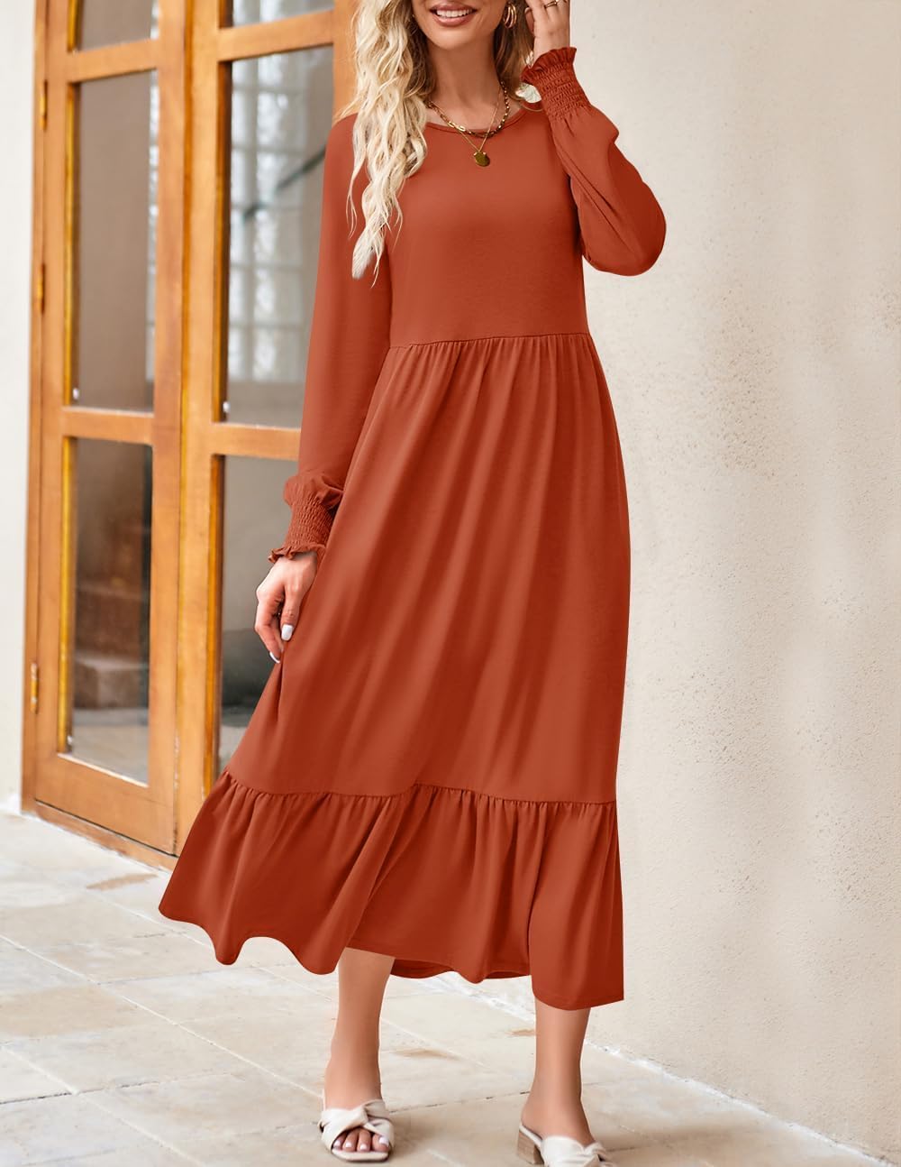 ZESICA Women's Spring Long Sleeve Dress 2025 - Crewneck Casual Loose Pleated Tiered Swing Midi Dress with Pockets | Perfect for Work, Date Night & Spring Outfits