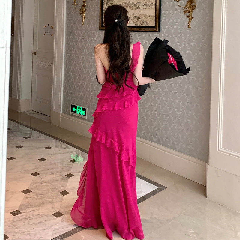 French One Shoulder Rose Red Slit Long Dress for Women - 2023 Summer Fashion Elegant Evening Gown for Parties, Weddings & Date Nights