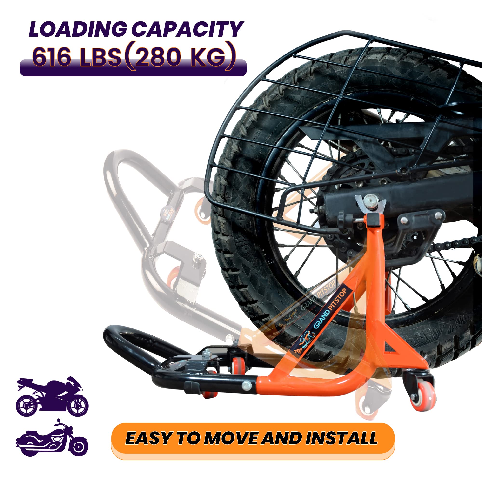 Universal Adjustable Motorcycle Rear Paddock Stand with Swingarm Rest - 360° Rotatable, Supports Up to 500 lbs (226 kg) - Black & Orange - Perfect for Bike Maintenance, Storage & Transport
