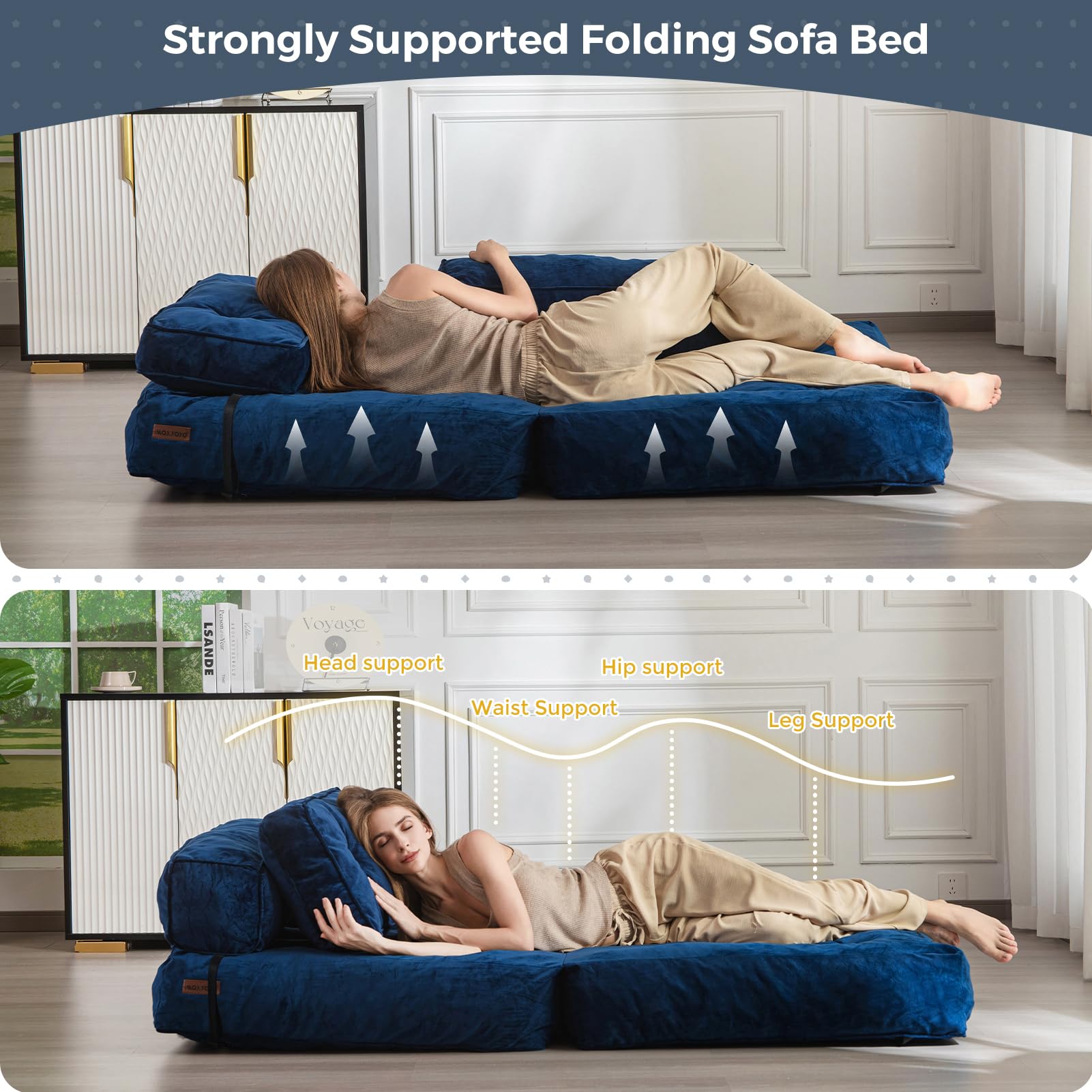 MAXYOYO Velvet Convertible Sleeper Sofa Bed - Foldable Guest Bed with Pillow, Navy Blue | Space-Saving Furniture for Small Apartments, Living Rooms & Dorm Rooms
