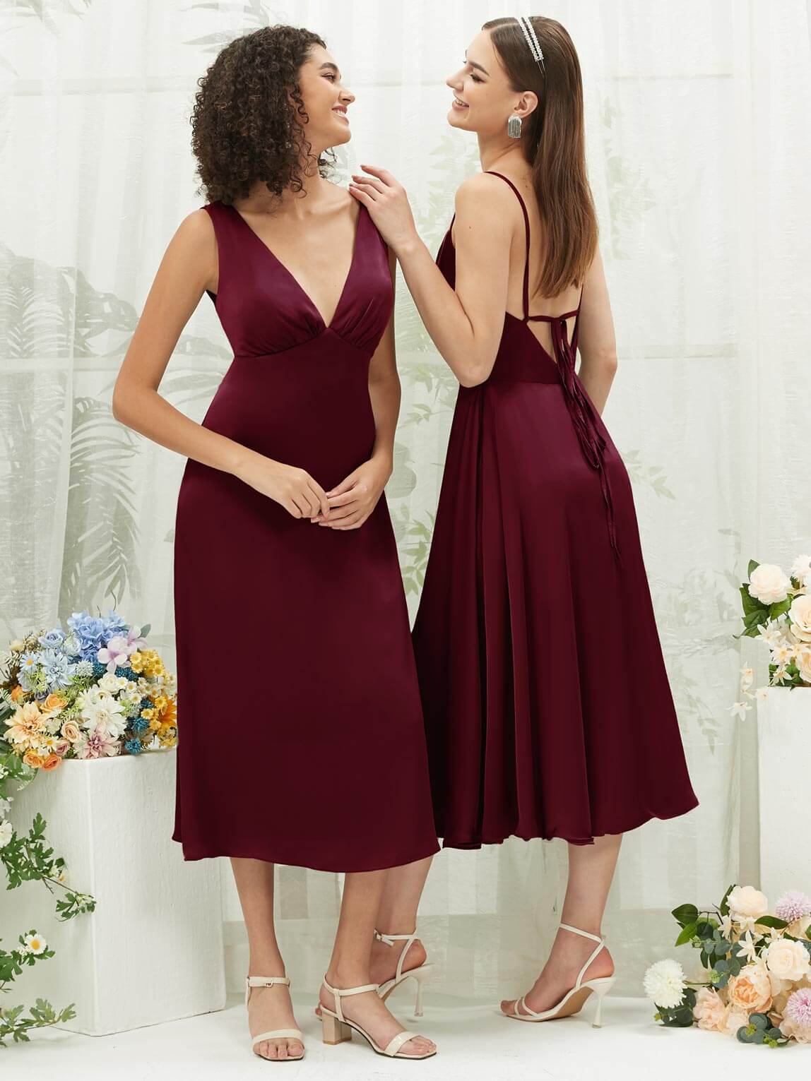 Elegant Burgundy Satin Cowl Neck Bridesmaid Dress with Spaghetti Straps & Side Slit - Perfect for Weddings, Formal Events & Evening Parties