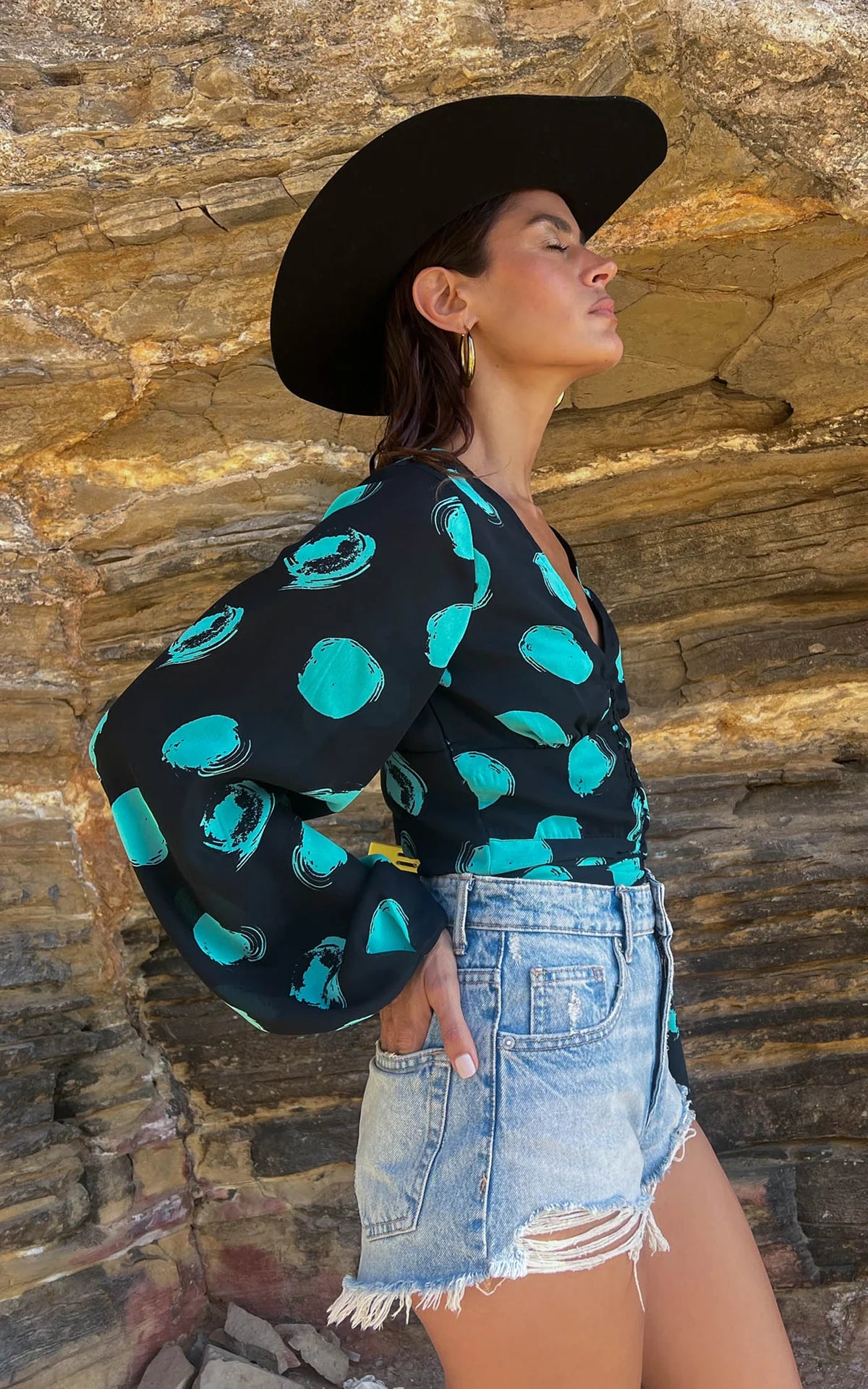 Joanie Tie Top - Green on Black Dot Floral Print Women's Blouse for Casual Wear, Office & Date Night