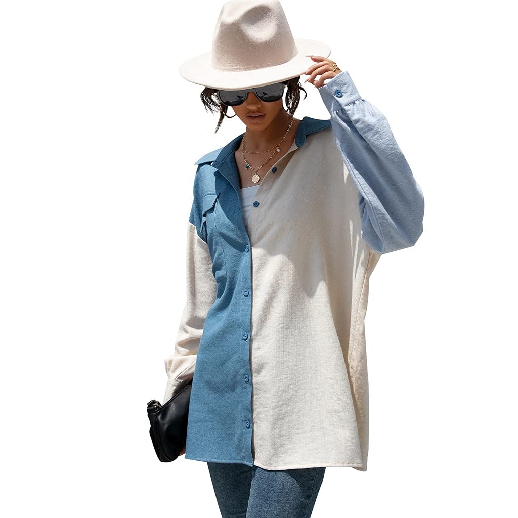 Women's Fashion Solid Color Lapel Long Sleeve Shirt - Blue X-Large | Casual Office Wear & Everyday Stylish Top