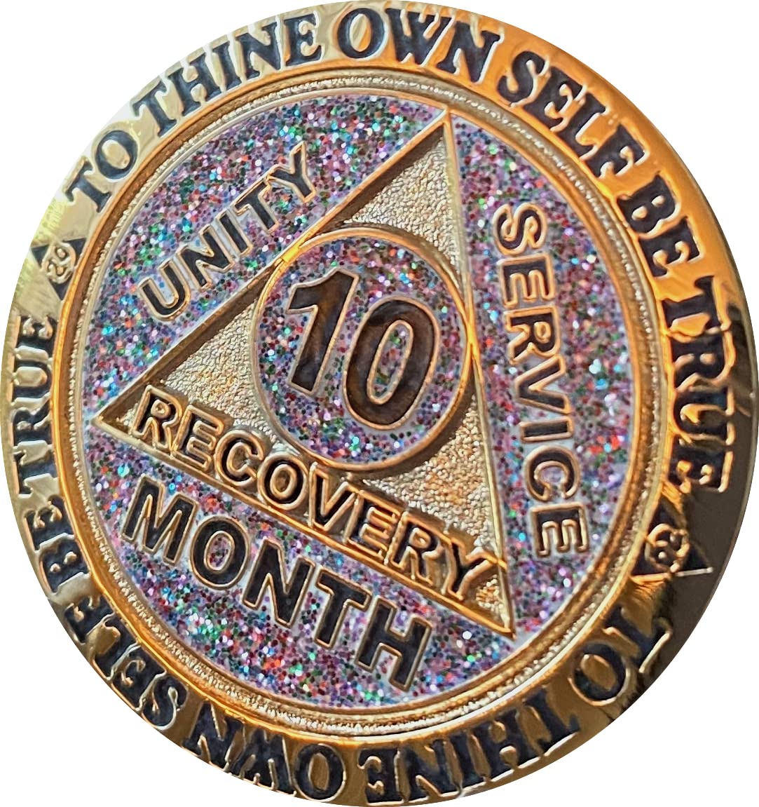 10 Month AA Medallion - Gold Sobriety Chip with Funfetti Glitter Design - Perfect for Recovery Milestones, Birthday Gifts & Support Group Celebrations