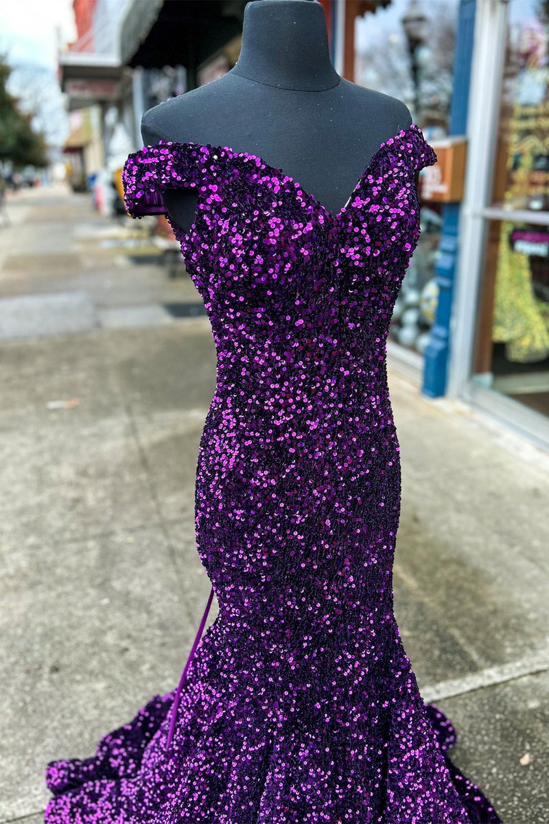 Elegant Off-the-Shoulder Sequin Prom Dress - Purple Long Evening Gown for Homecoming, Formal Events & Special Occasions