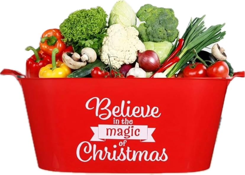 2-Pack Red Christmas Oval Plastic Buckets with Handles - Holiday Storage Baskets for Decor, Party Beverages, Candies & Toys - Perfect for Christmas Decorations, Kitchen Organization & Gift Giving (Merry Christmas Theme)