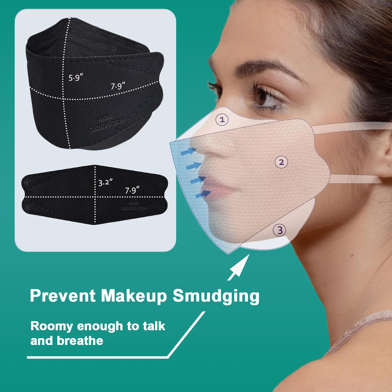 KN95 Face Masks for Adults - 50 Pcs Individually Wrapped, 5-Ply Black Disposable Face Mask with 95% Filtration Efficiency - Protection Against PM2.5, Smoke, Dust & Air Pollution - Ideal for Work, Travel & Daily Commute