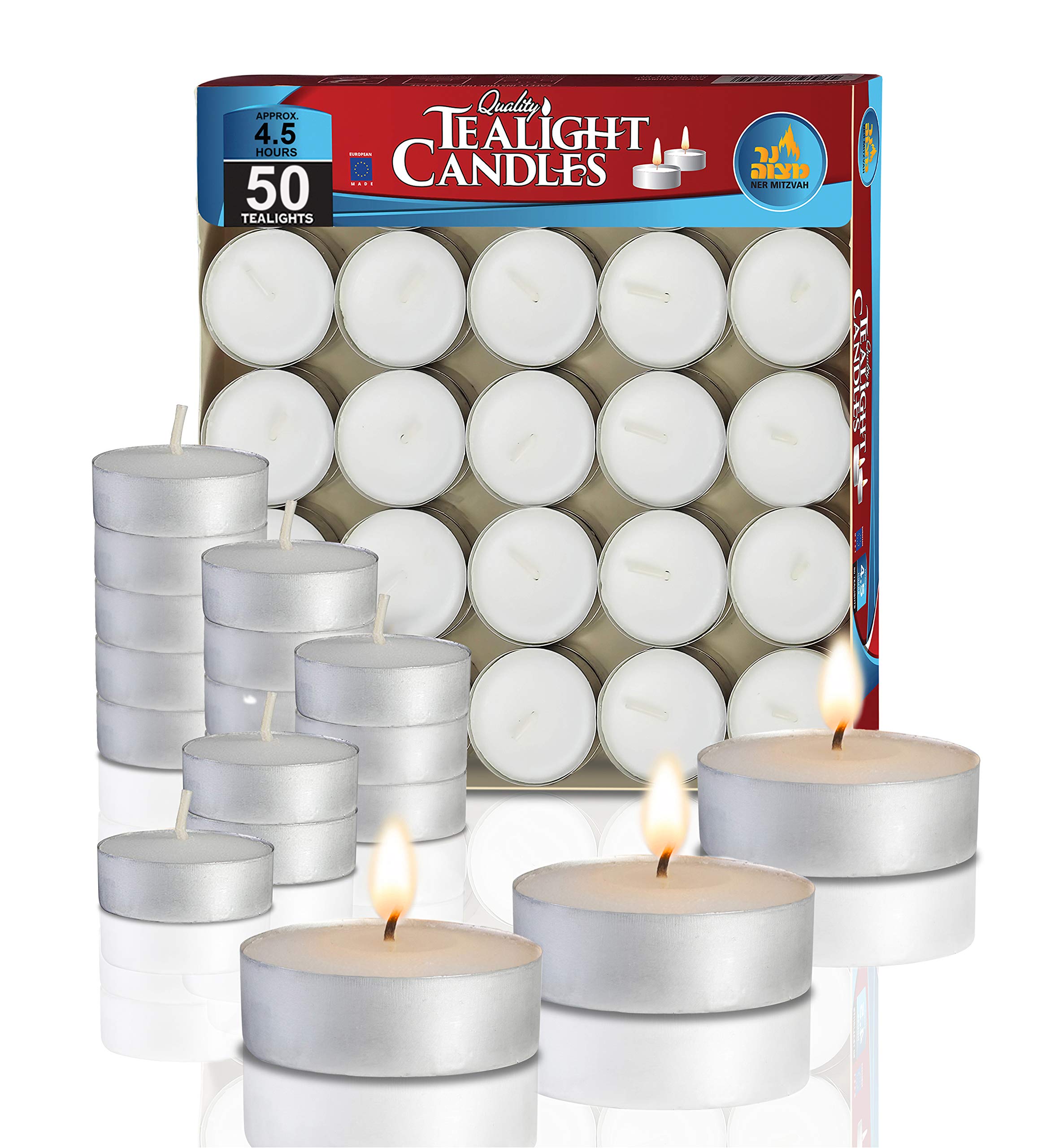 Ner Mitzvah Tea Light Candles - Unscented Bulk Pack of 50, 4.5 Hour Burn Time, Pressed Wax Decorative Candles for Travel, Centerpieces & Home Decor - Perfect for Weddings, Holidays & Jewish Ceremonies