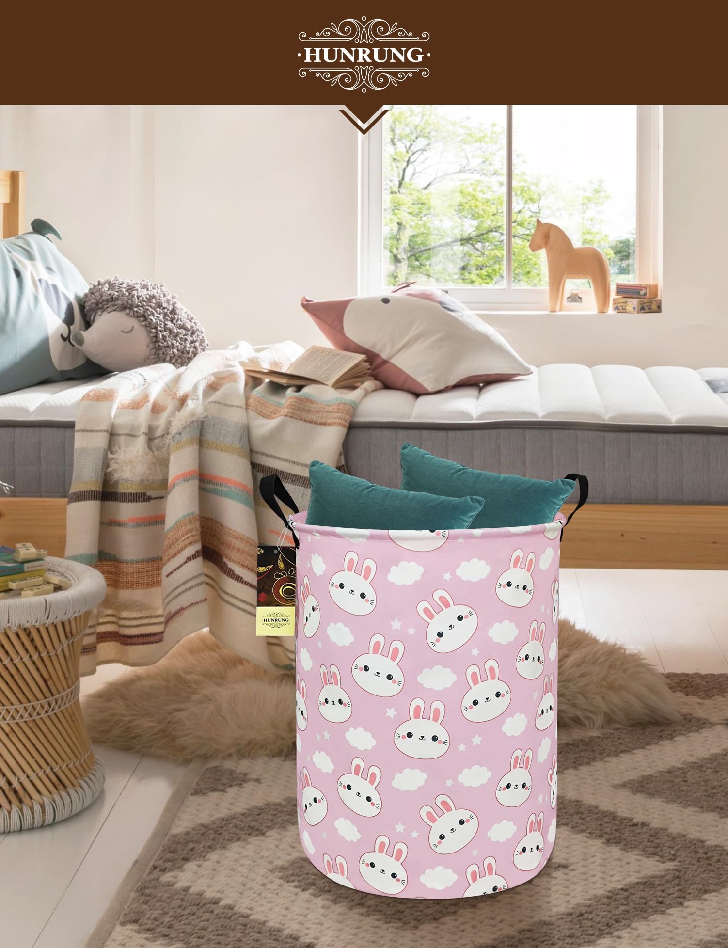 HUNRUNG Large Collapsible Laundry Hamper - Waterproof Canvas Fabric Storage Basket for Dirty Clothes & Toy Organizer - Lightweight Portable for College Dorms, Kids Room, Nursery (Cute Rabbit Design) - Perfect for Laundry, Closet Organization & Playroom Storage