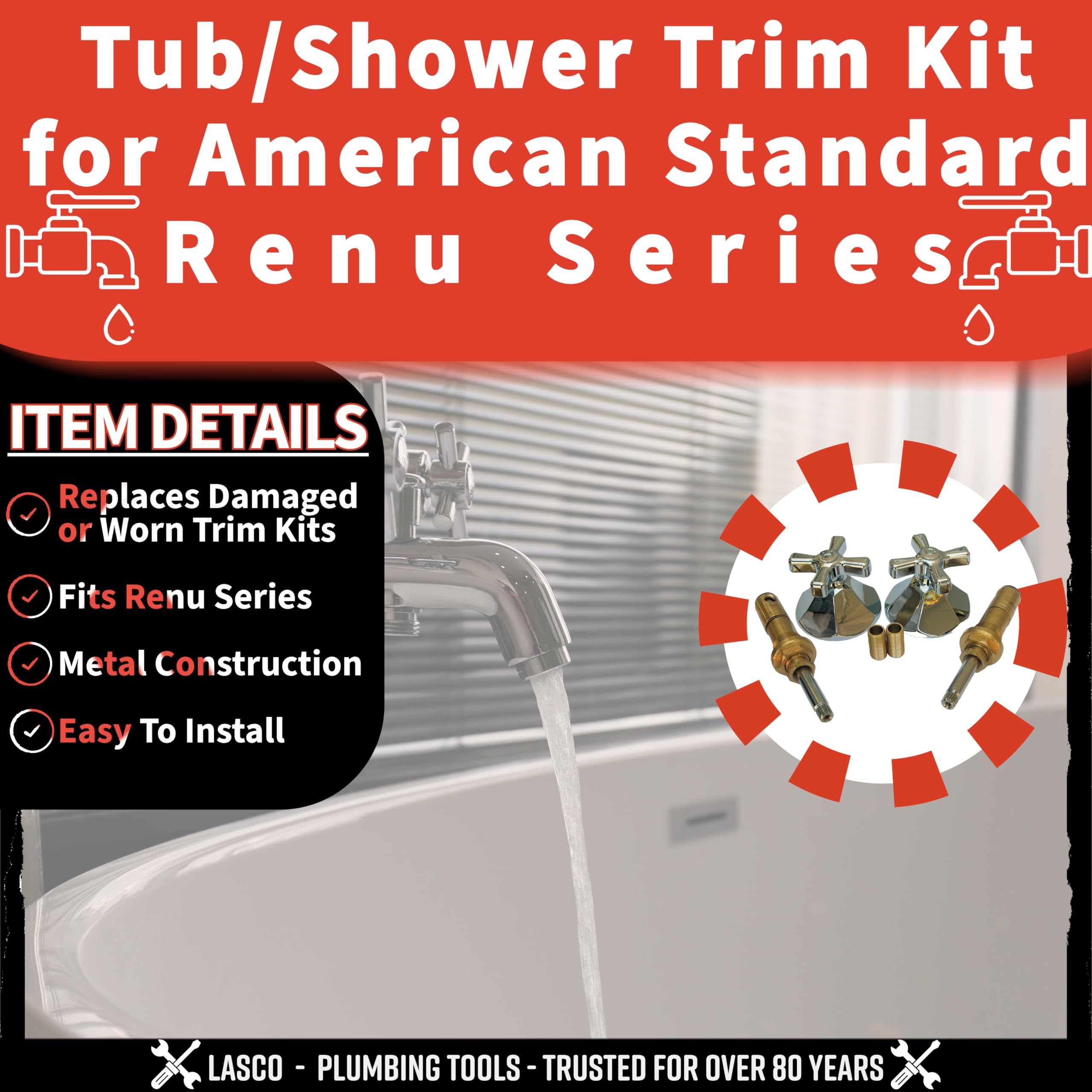 LASCO 01-9403 American Standard Renu Series 2-Valve Tub & Shower Trim Kit with Stems, Handles, Flanges & Nipples in Chrome Finish - Perfect for Bathroom Renovation and Plumbing Upgrades