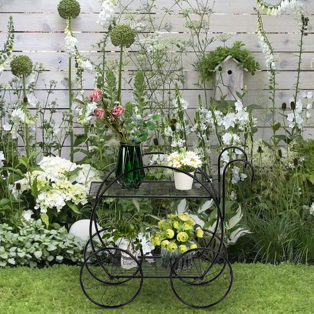 WEI WEI GLOBAL 2-Tier Metal Plant Stand with Wheels - Heavy Duty Rolling Flower Pot Holder for Indoor & Outdoor Plants - Perfect for Home, Garden, Patio and Balcony Decor