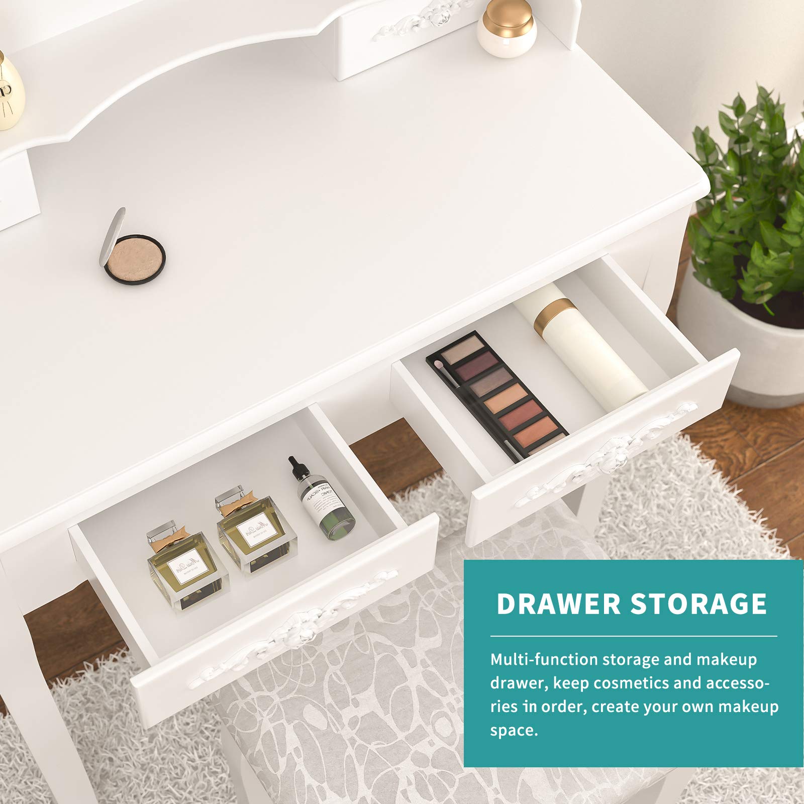 Vanity Table Set with Oval Mirror & Stool - White Wooden Dressing Table with 4 Drawers for Bedroom Makeup Organization | Perfect for Small Spaces, Bridal Suite & Home Beauty Corner