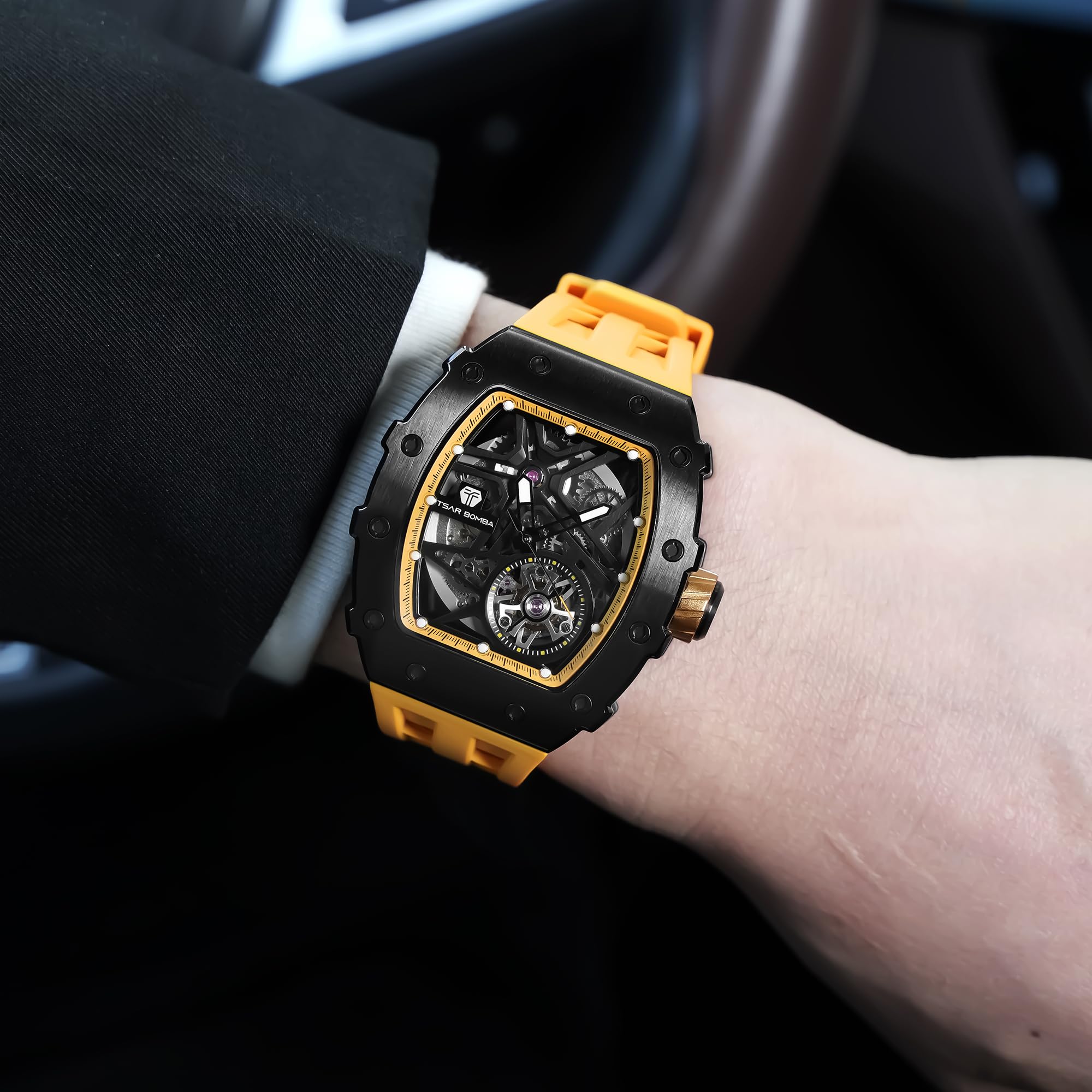 TSAR BOMBA Men's Luxury Automatic Skeleton Watch - Silver Square Big Face with Silicone Strap - 50M Waterproof Analog Watch for Business, Casual & Formal Wear - Unique Cool Gift for Men