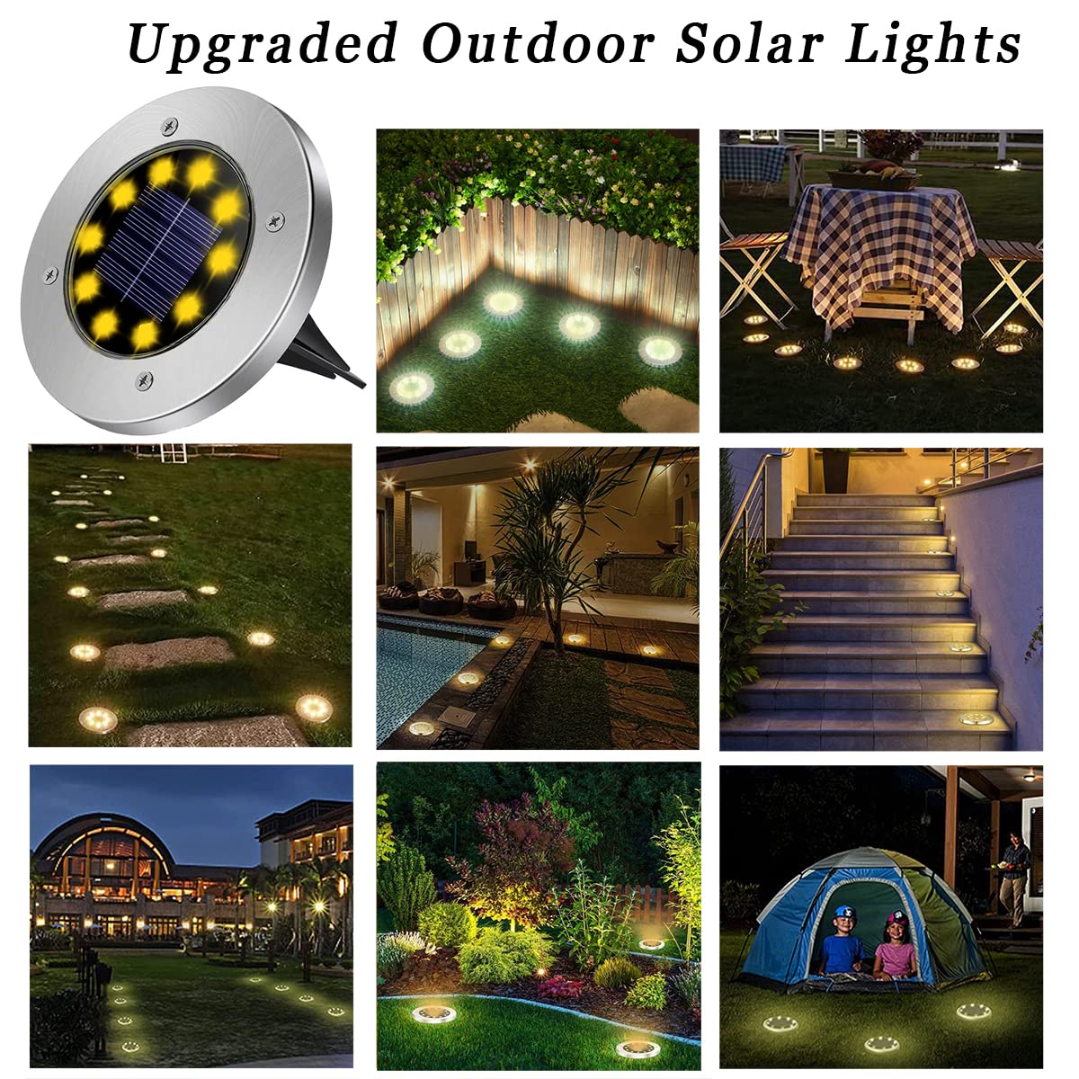 12 Pack Solar Ground Lights Outdoor - Upgraded 8 LED Waterproof Solar Garden Lights for Pathway, Lawn, Patio, Yard, Deck & Walkway | Landscape Lighting for Garden, Driveway, Backyard & Outdoor Decor