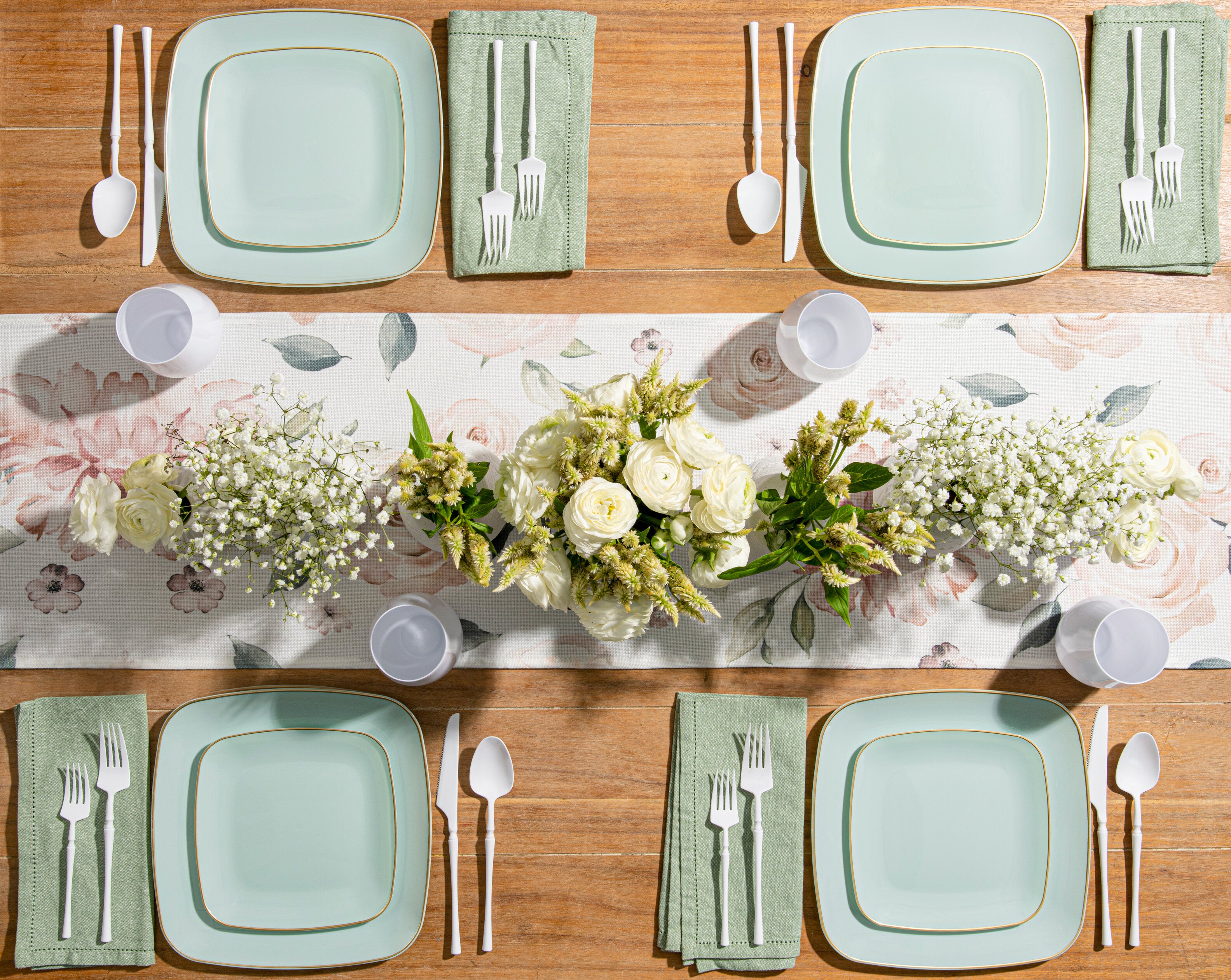 Turquoise and Gold Plastic Party Bundle - Classic Square Plates, Cups, and Napkins for Birthday, Wedding, and Holiday Celebrations
