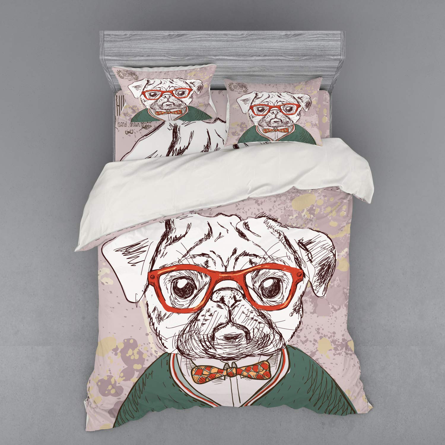 Ambesonne Vintage Pug Dog Duvet Cover Set - 4 Piece Queen Size with Shams & Fitted Sheet, Hipster Pug Professor Design in Multicolor | Perfect for Dog Lovers' Bedroom Decor & Themed Gift Ideas