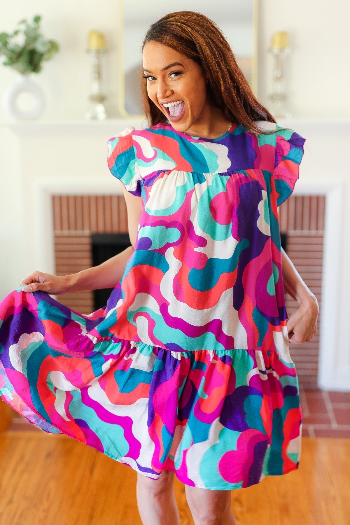 Go For Fun Fuchsia Geo Print Tiered Ruffle Sleeve Woven Dress for Women | Summer Casual Party Wear | Perfect for Beach Vacations, Date Nights & Outdoor Events