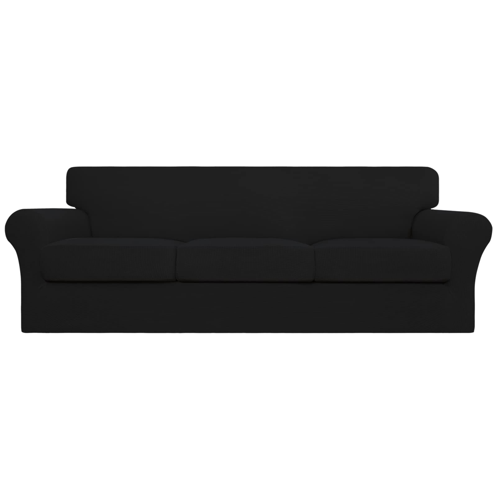 Stretchable 4-Piece Sofa Cover for Pets & Kids - Washable Elastic Couch Slipcover Protects 3-Cushion Furniture from Dog Hair & Stains (Black, Oversized) - Perfect for Living Room, Family Room & Pet-Friendly Homes