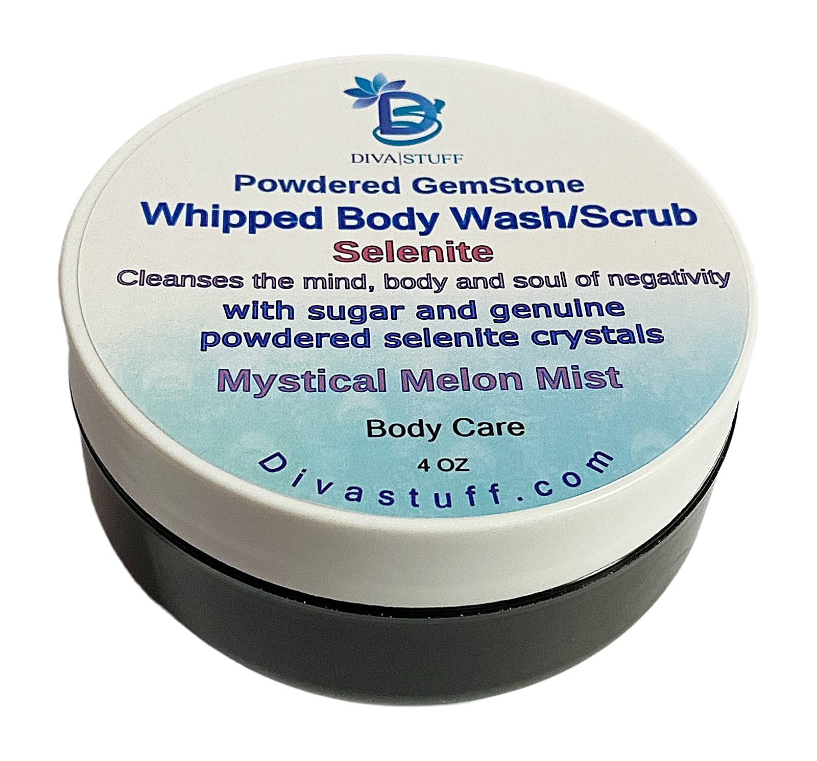 Whipped Body Wash & Scrub with Selenite Gemstone Powder - Detoxifying & Negative Energy Cleansing - Mystical Melon Mist Scent - 4 oz Jar for Spa, Meditation & Self-Care Rituals