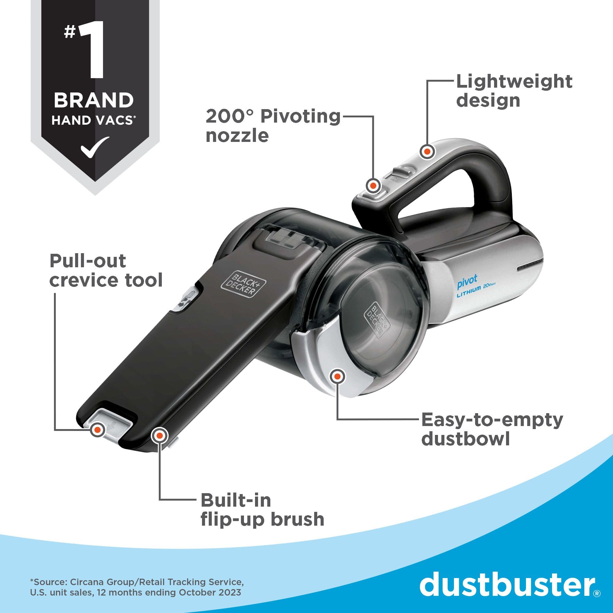 BLACK+DECKER Dustbuster PIVOT VAC Cordless Handheld Vacuum Cleaner - BDH2000PL with Crevice Tool & Pivot Nozzle for Home, Car, Pet Hair, Stairs & Tight Spaces | Lightweight & Powerful Cleaning