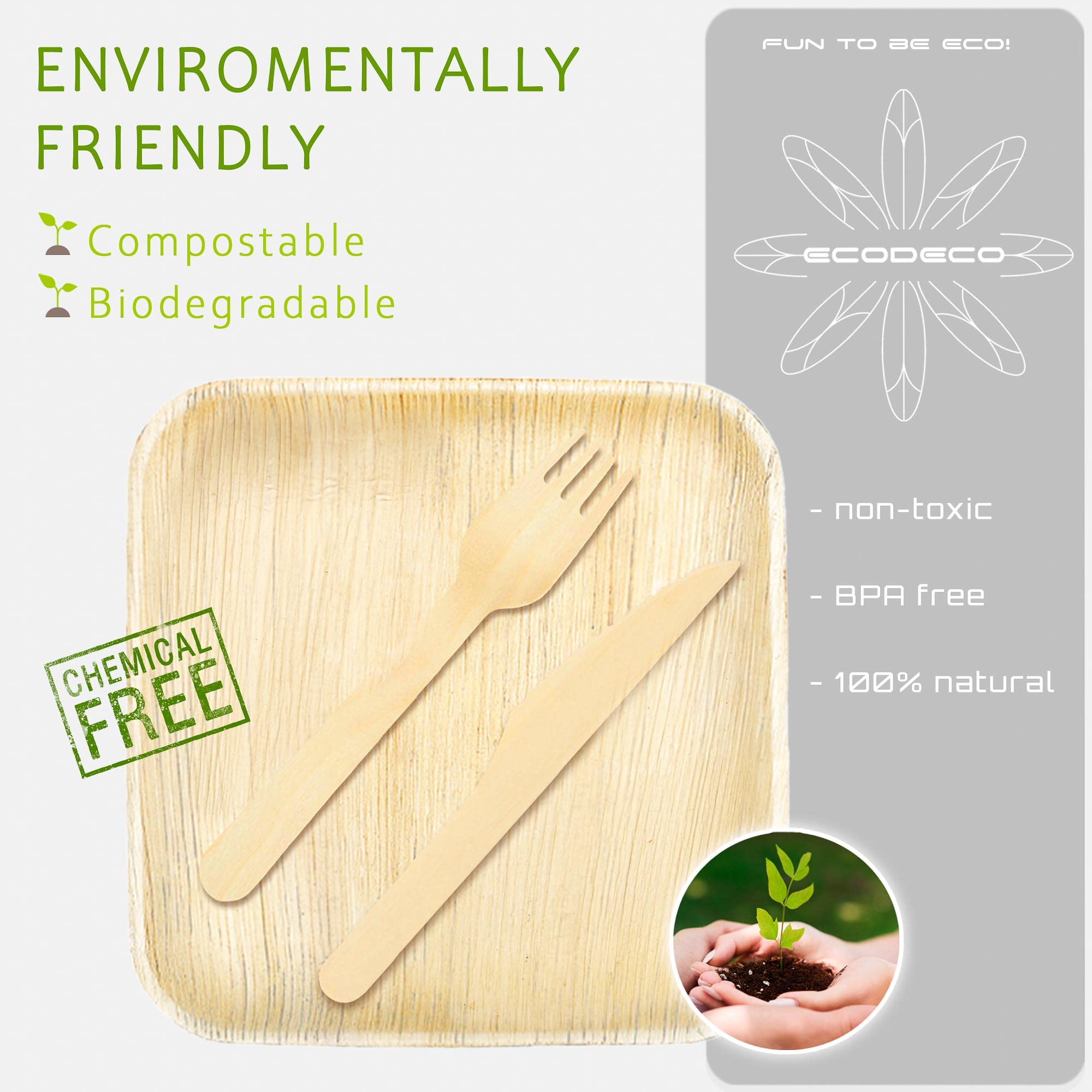Eco-Friendly Palm Leaf Compostable Plates - 50 Pack Square Disposable Dinnerware Set with Cutlery - 8 Inch Biodegradable Plates for Parties, Picnics & Sustainable Events