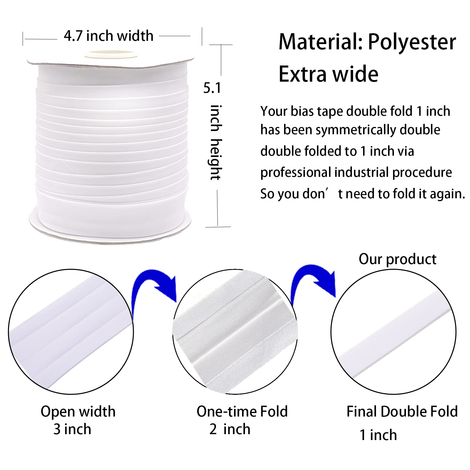 1 Inch Double Fold Bias Tape - 55 Yards Continuous Polyester Sewing Bias Tape for Quilting, Binding, Hemming & Apparel Crafts (White, 25mm, Non-Stretch) - Perfect for DIY Garments, Home Decor & Scrapbooking Projects