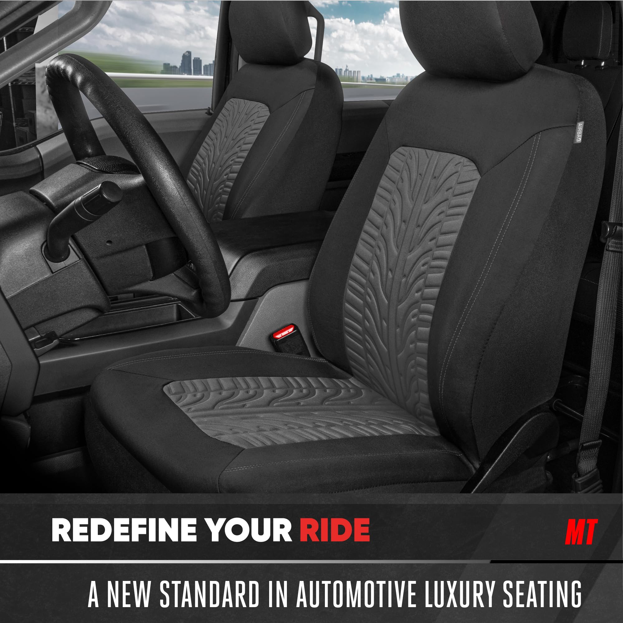 Motor Trend GrandPrix Car Seat Covers 2-Pack - Gray Tire Tread Embossed Front Seat Protectors for Cars, Trucks, Vans & SUVs | Durable Automotive Interior Accessories for Daily Commute & Road Trips