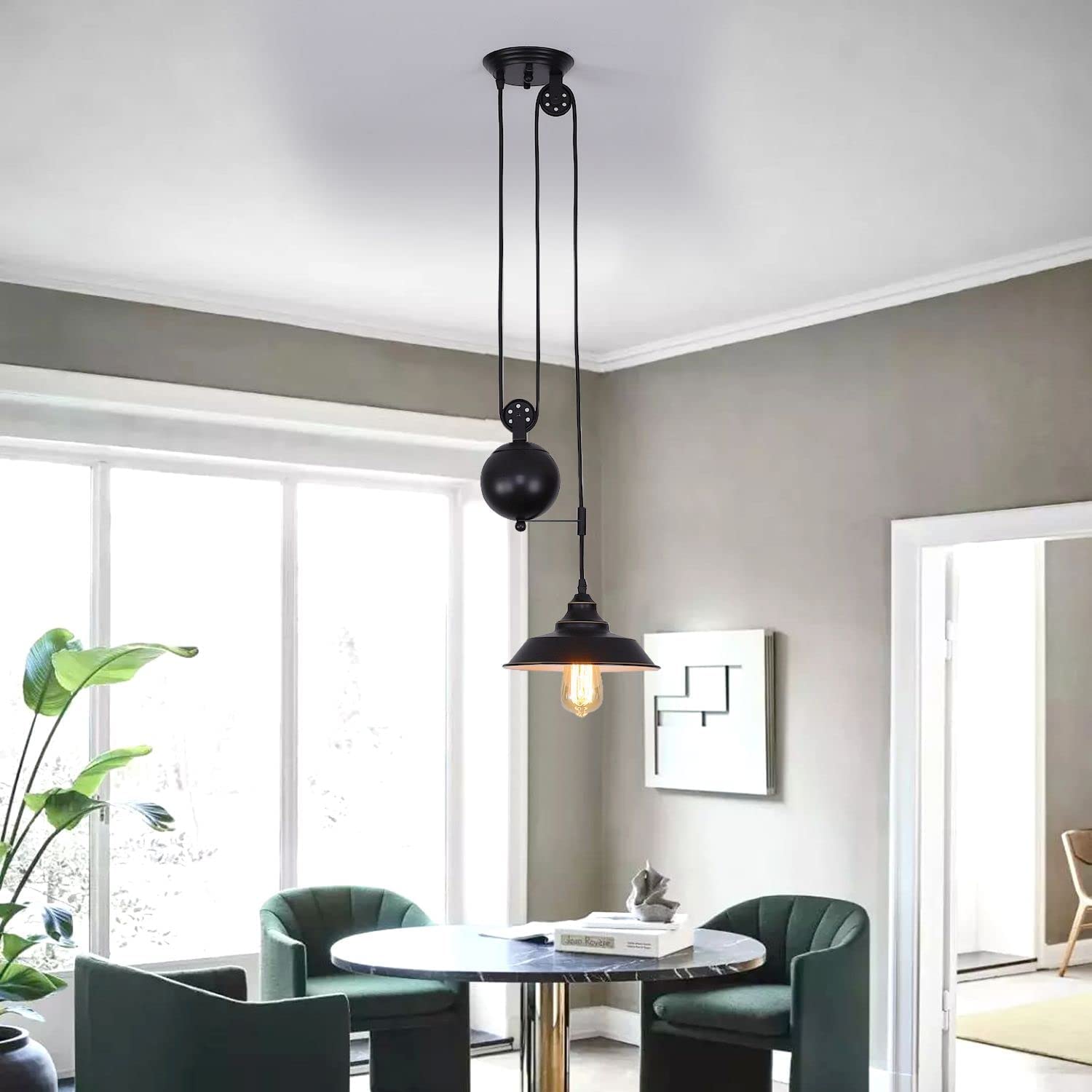 HomeLava 9-inch Black Industrial Pendant Light - Oil Rubbed Bronze Ceiling Fixture with Pulley for Kitchen, Dining Room & Over Sink | Modern Hanging Chandelier Lighting for Farmhouse & Industrial Decor