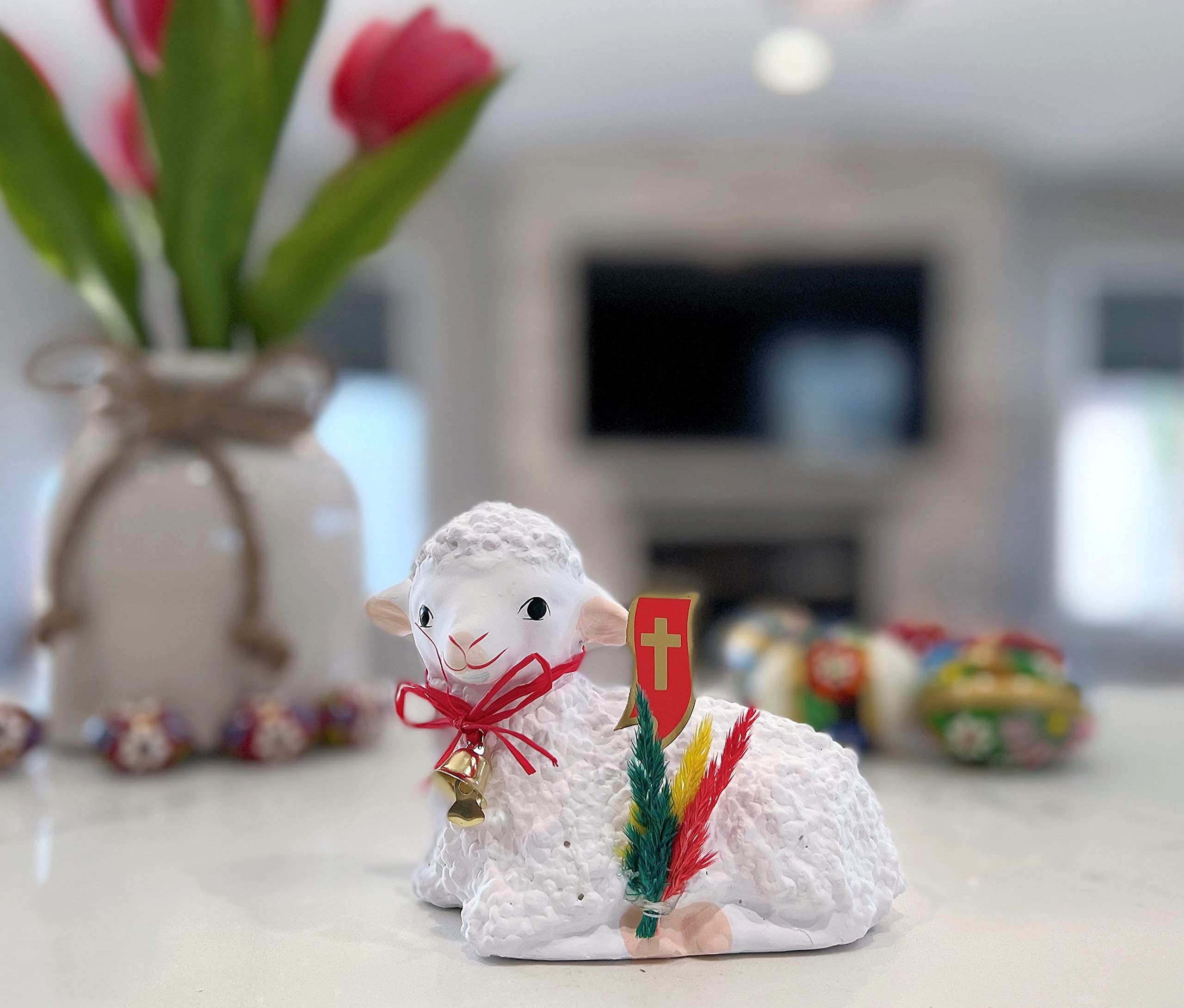 AM Decor Traditional Polish Easter Lamb Figurine with Flag & Palm - Handmade Gypsum Statue (Baranek Wielkanocny, X-Large) - Perfect for Easter Home Decor, Table Centerpiece & Holiday Gift