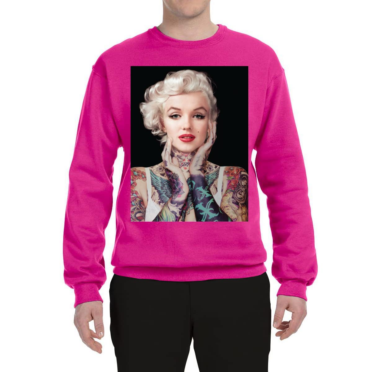 Wild Bobby Marilyn Tattoos Black Pop Culture Graphic Sweatshirt | Unisex Crewneck Pullover | Vintage Inspired Streetwear for Men & Women | Perfect for Casual Outfits, Concerts and Urban Fashion