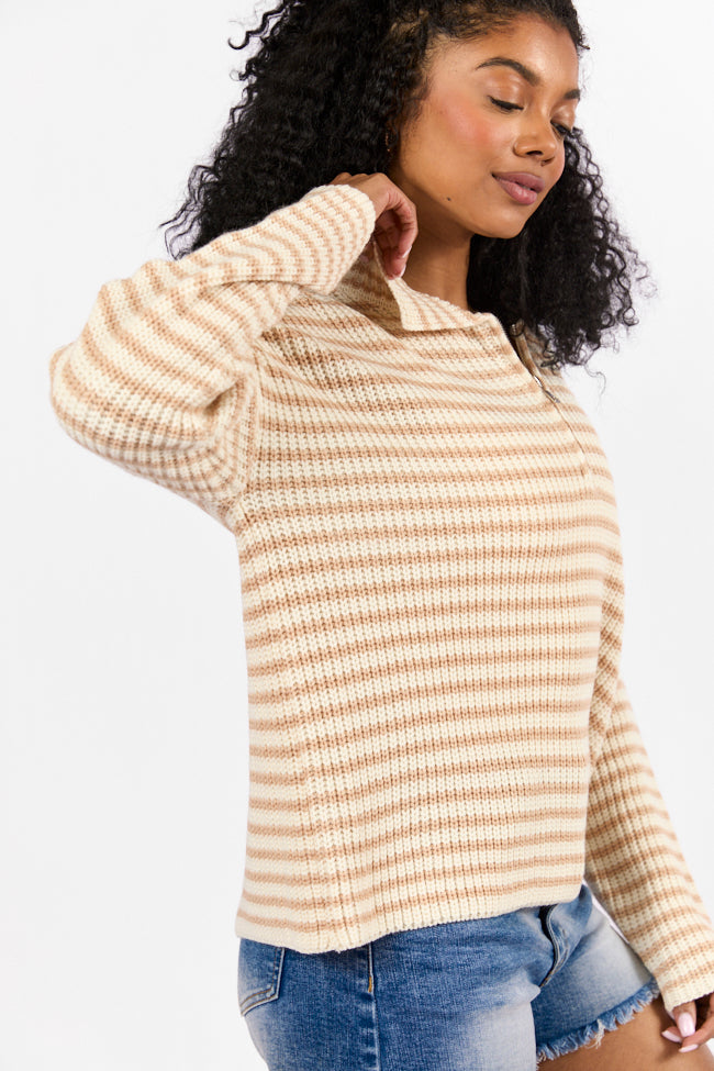 Bayside Breeze Ivory and Tan Striped Quarter Zip Pullover Sweater for Men | Casual Knit Cardigan for Fall & Winter | Perfect for Outdoor Activities, Office Wear & Weekend Relaxation