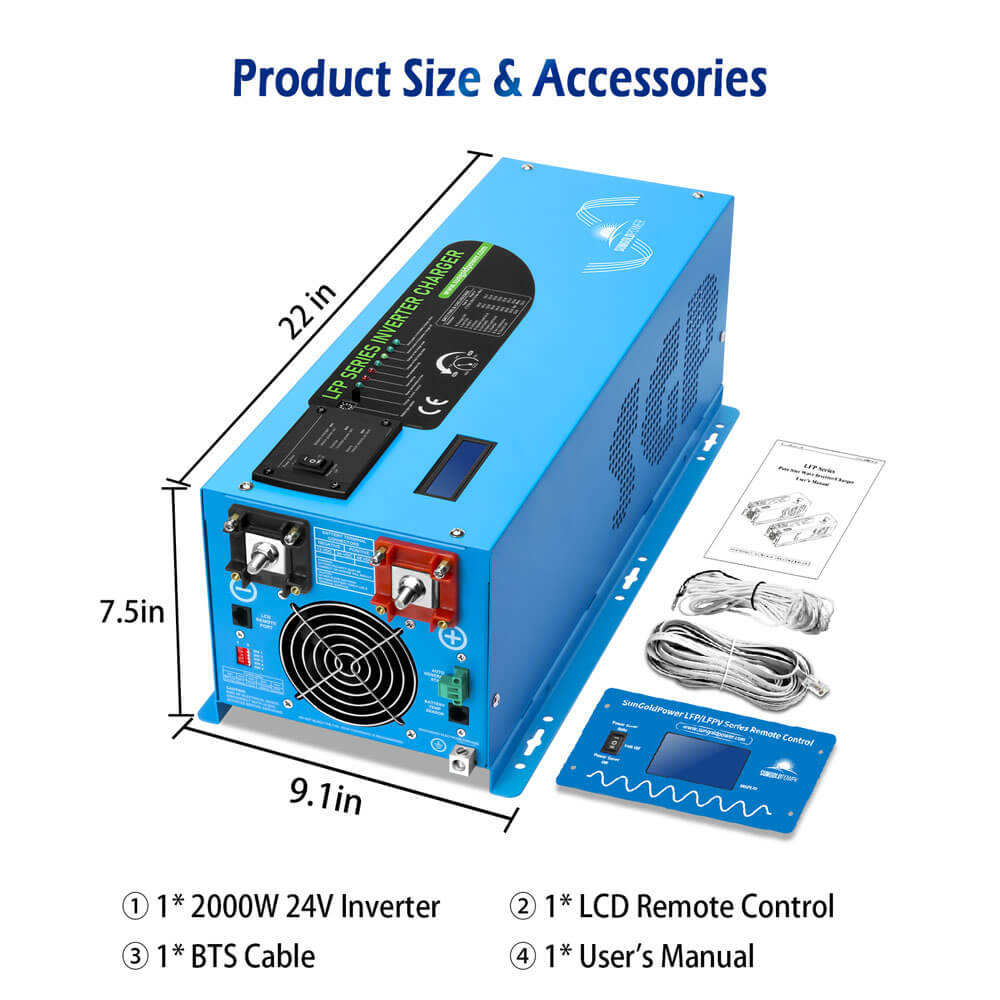 SunGoldPower 3000W 24V Pure Sine Wave Power Inverter with Built-in Charger - Perfect for RVs, Boats, and Off-Grid Solar Systems
