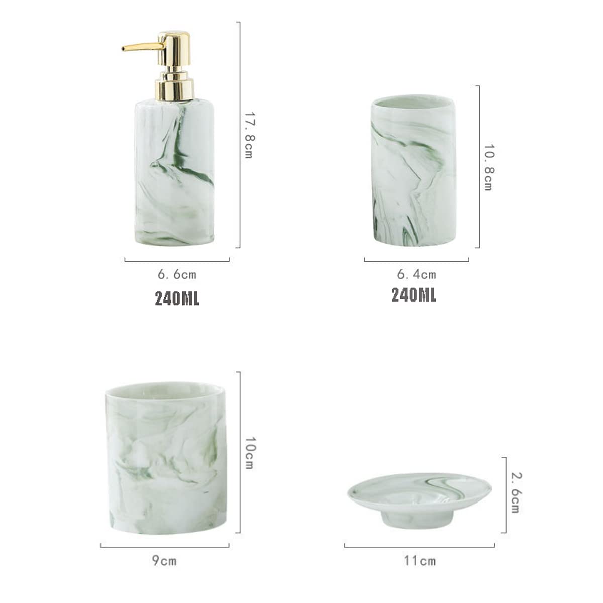 Premium Marble Bathroom Accessories Set - Ceramic Soap Dish, Lotion Cup & Toilet Brush Holder | Elegant Vanity Decor for Sink Counter & Dressing Table (Green & Gray) | Perfect for Modern Bathroom Organization & Luxury Home Decor
