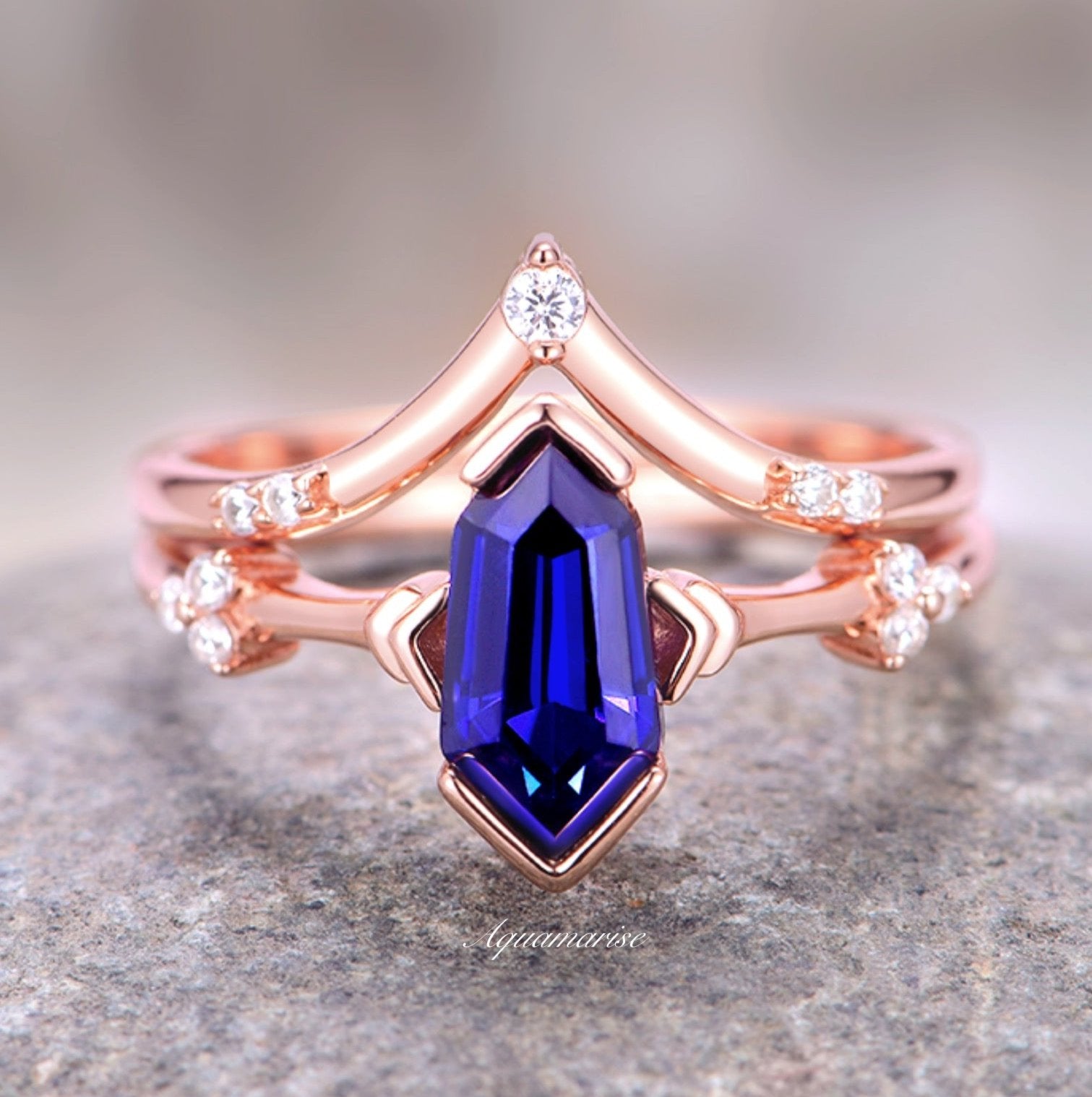 14K Rose Gold Vermeil Blue Sapphire Ring Set - Elegant Jewelry for Women, Perfect for Weddings, Anniversaries & Special Occasions
