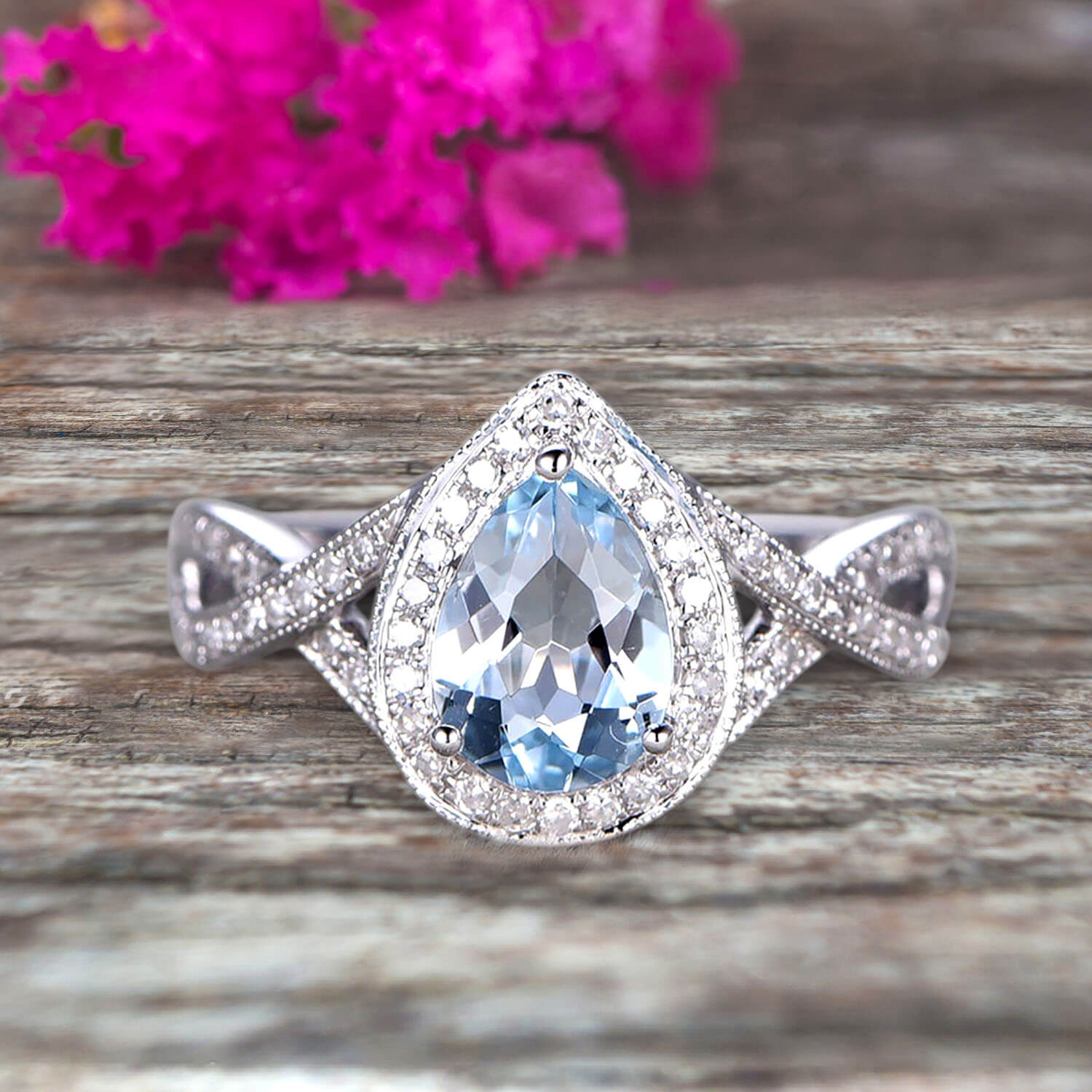 1.50 Carat Pear Shape Aquamarine Engagement Ring in 10k White Gold with Moissanite Halo - Perfect for Proposals, Weddings & Anniversaries