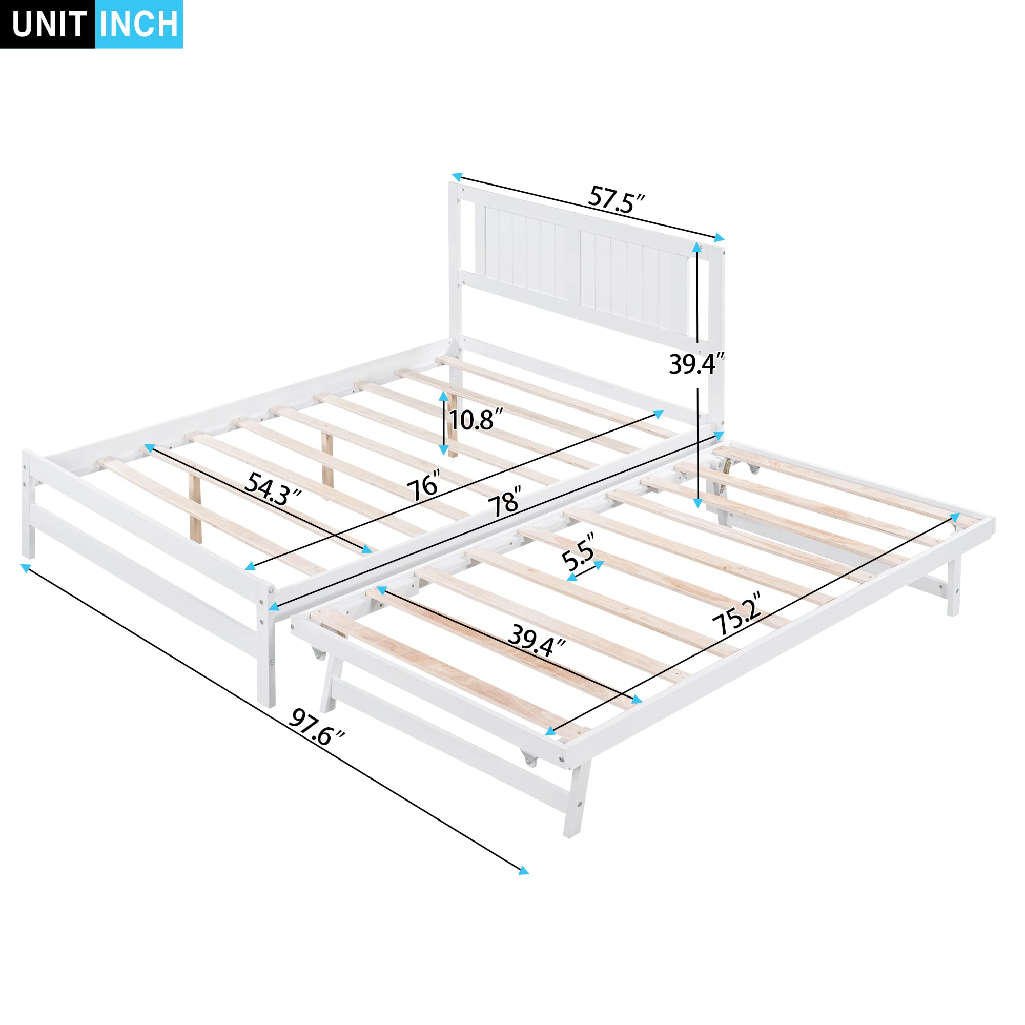 Harper & Bright Designs Full Size Convertible Platform Bed with Trundle - White Kids & Teens Bed with Headboard | Space-Saving Trundle Bed for Guest Rooms, Small Bedrooms & Dorm Rooms